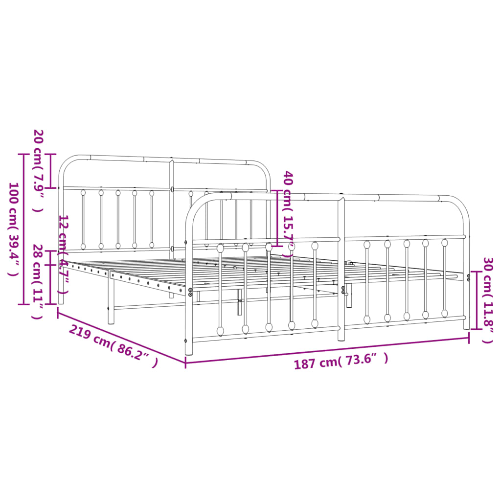 Closeup of a black metal bed frame with rounded top rail and decorative finials