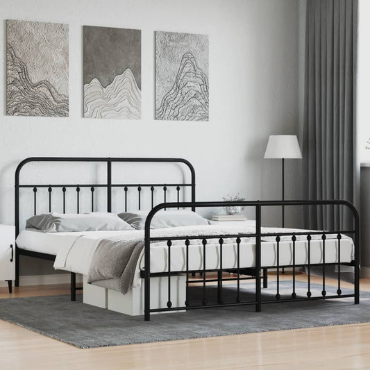 Black metal queen bed frame with a minimalist design and headboard