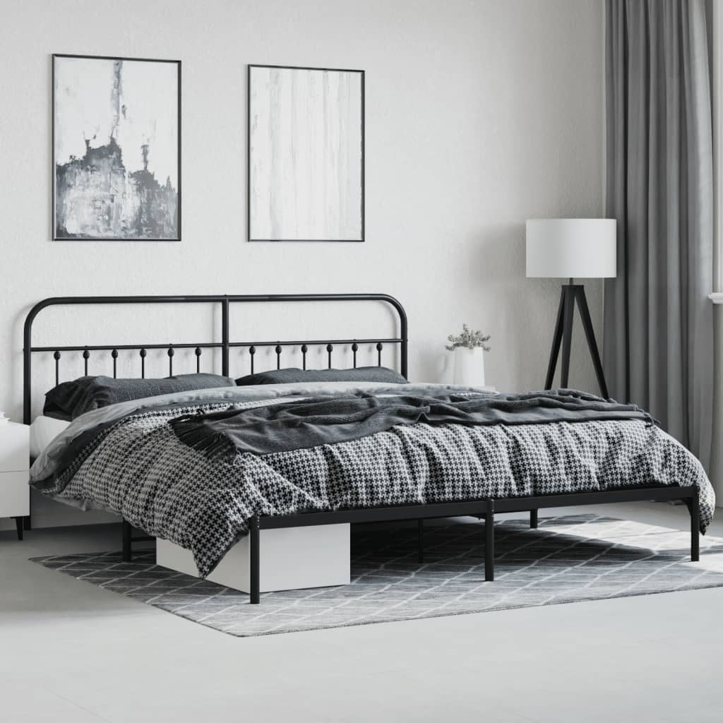 Classic black metal queen bed frame with ornate headboard detail