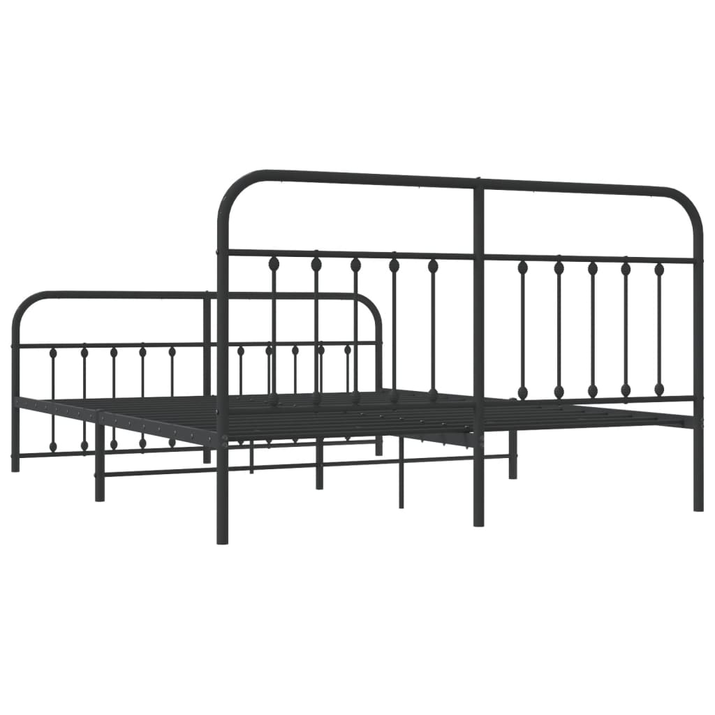 Black metal twin bed frame with ornate headboard and footboard