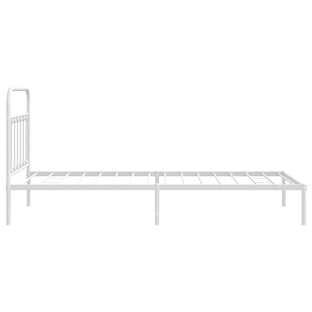White metal twin bed frame with rounded headboard and mattress