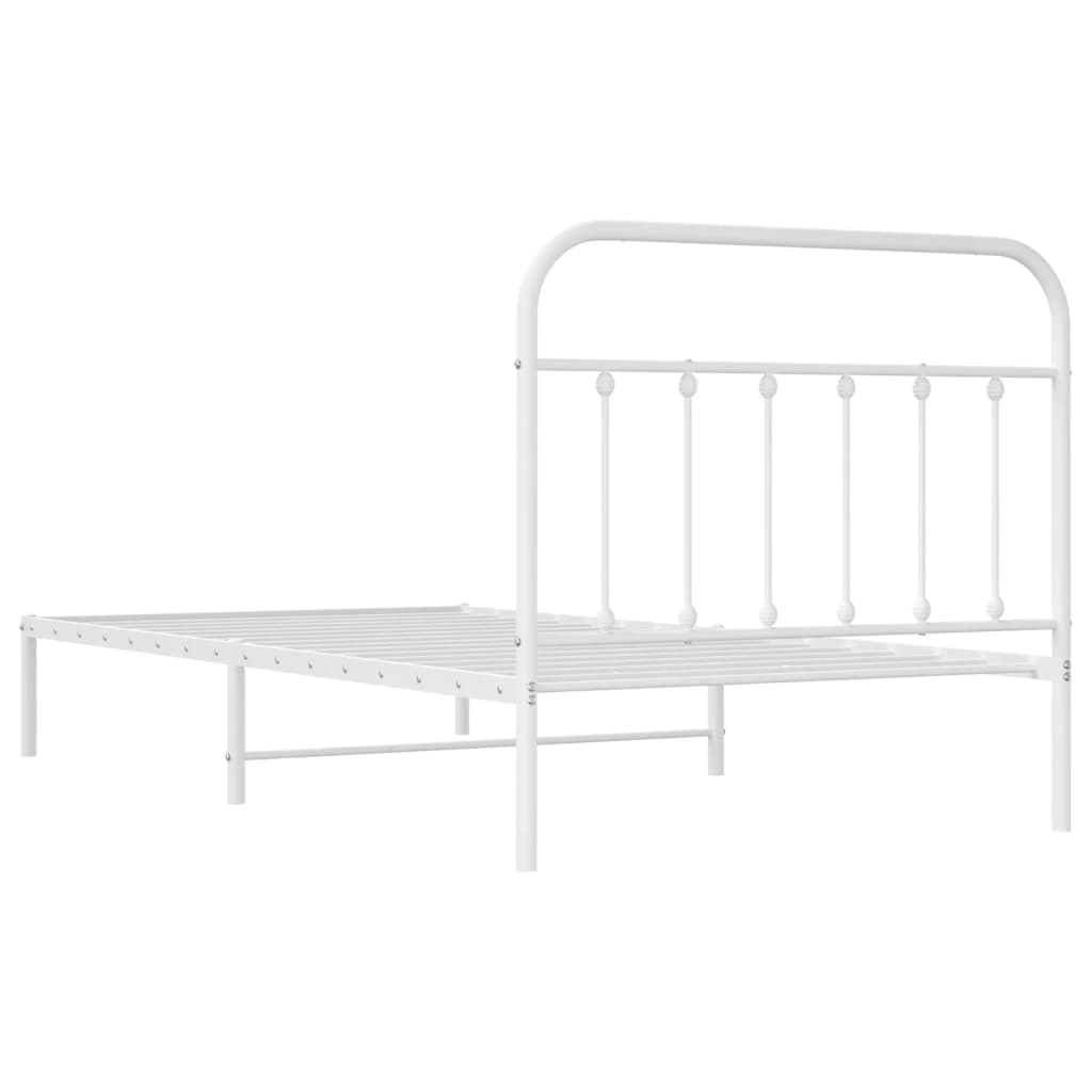 White metal twin bed frame with simple rounded headboard