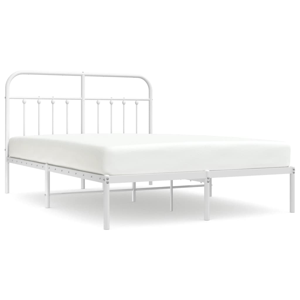 White metal bed frame with headboard and dimensions labeled