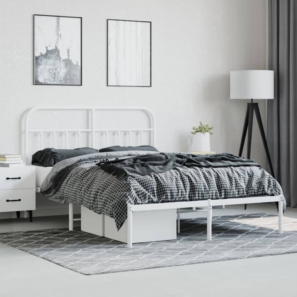 White metal platform bed frame with minimalist headboard