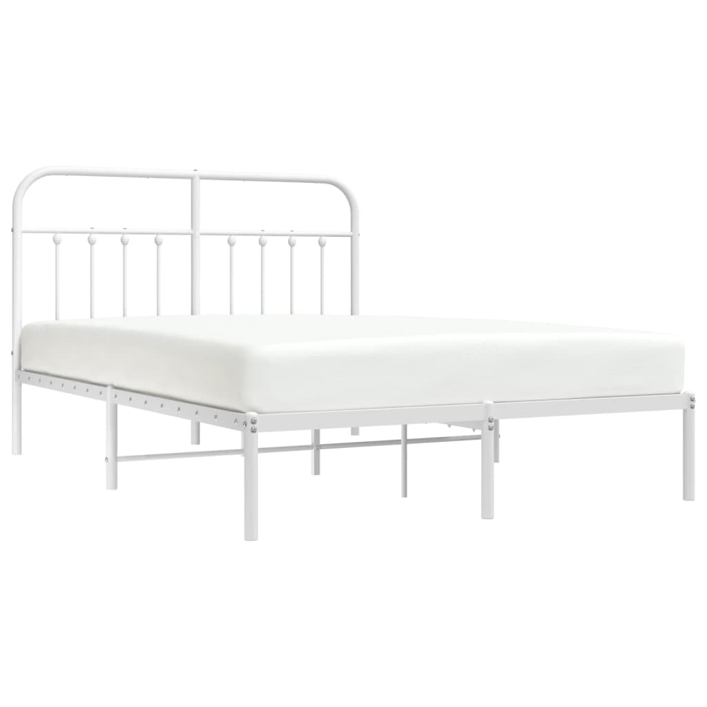 White metal bed frame with arched headboard and slatted base