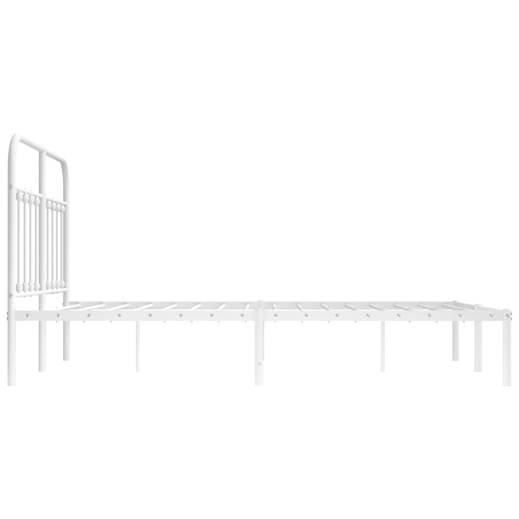 White metal bed frame with a curved headboard and decorative finials featuring a clean minimalist design
