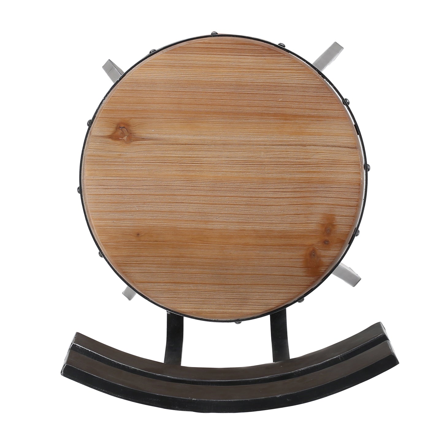 Round bamboo side table with black metal frame and legs
