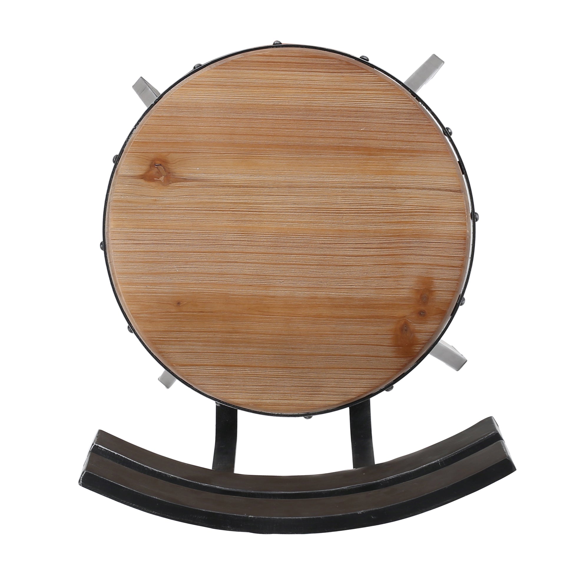 Round bamboo side table with black metal frame and legs