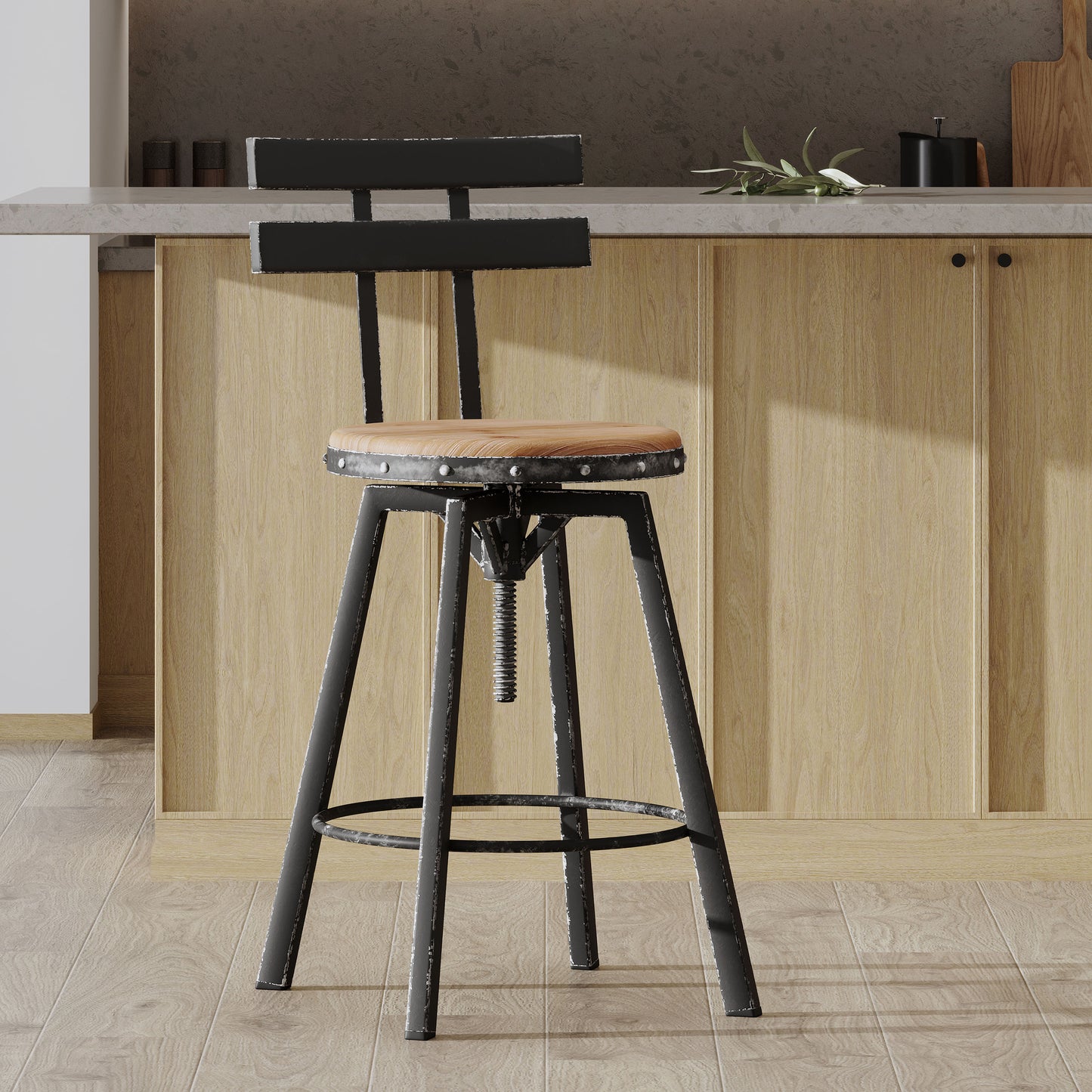 Adjustable industrial bar stool with black metal frame and distressed wood seat