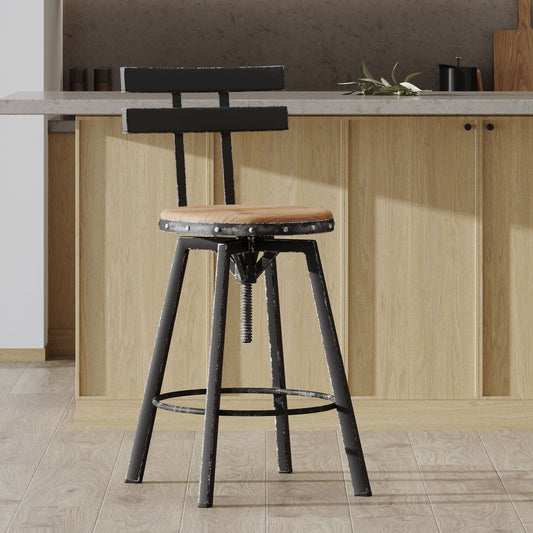Adjustable industrial bar stool with black metal frame and distressed wood seat