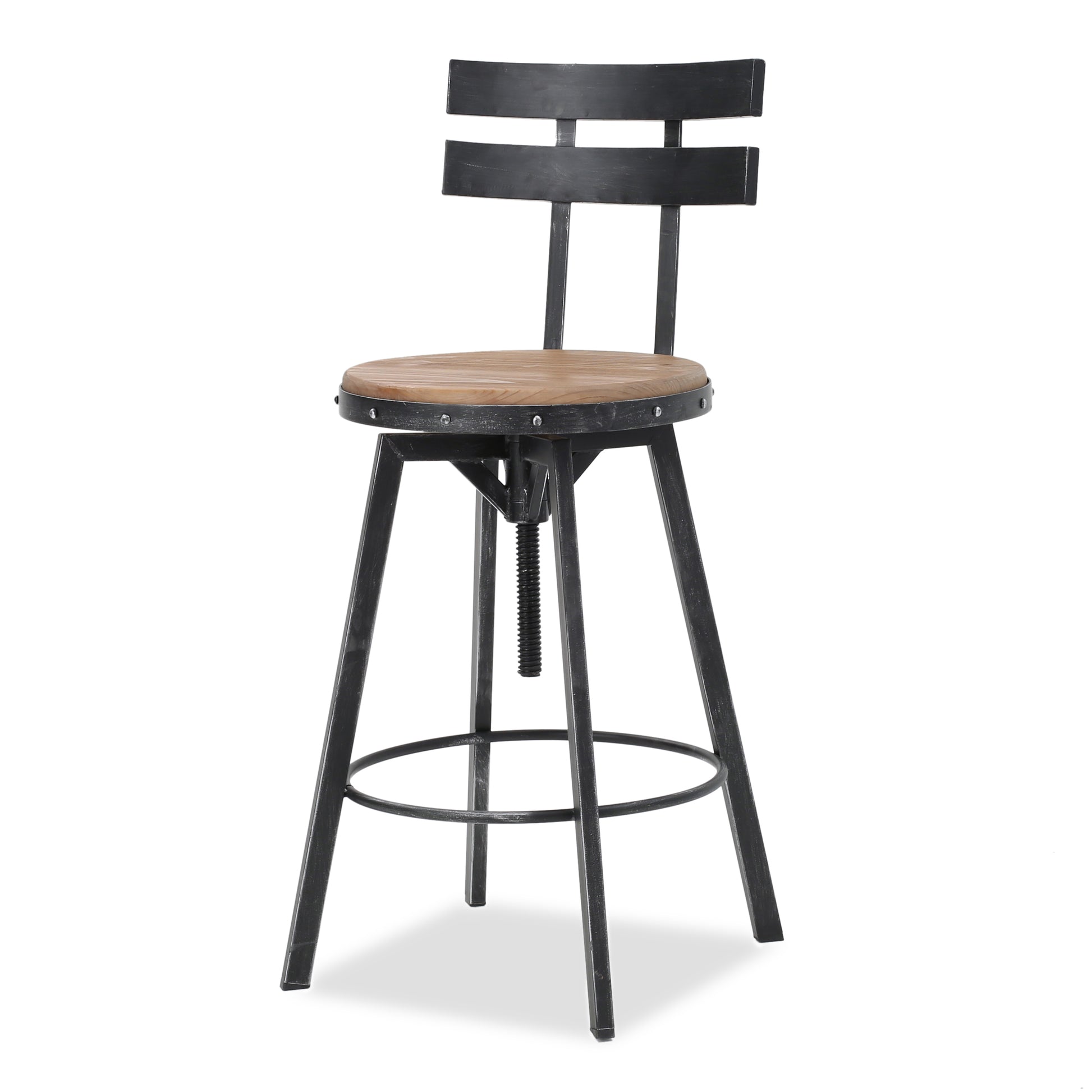 Industrial swivel bar stool with distressed metal frame and natural wood seat