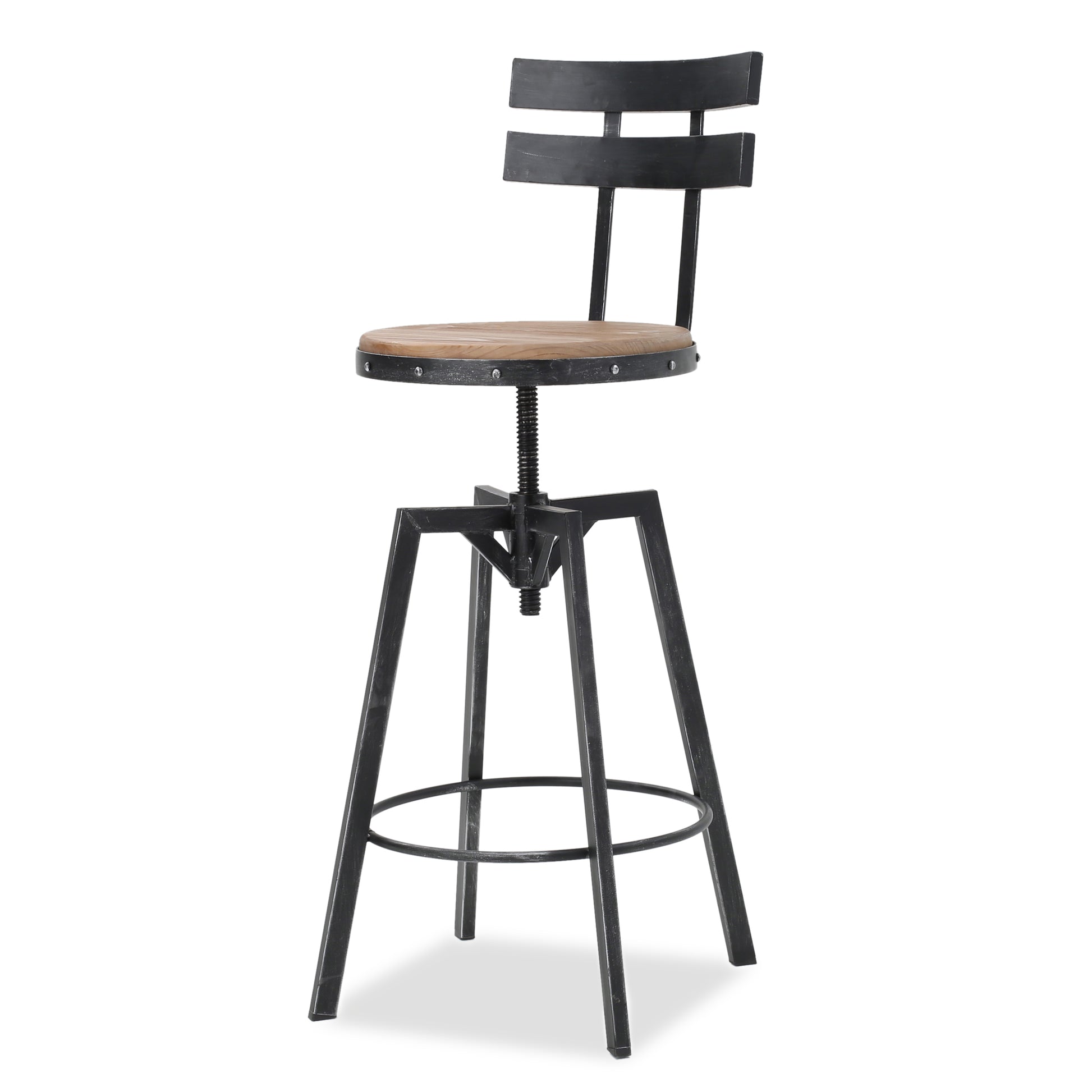 Industrial bar stool with wooden seat and black metal frame