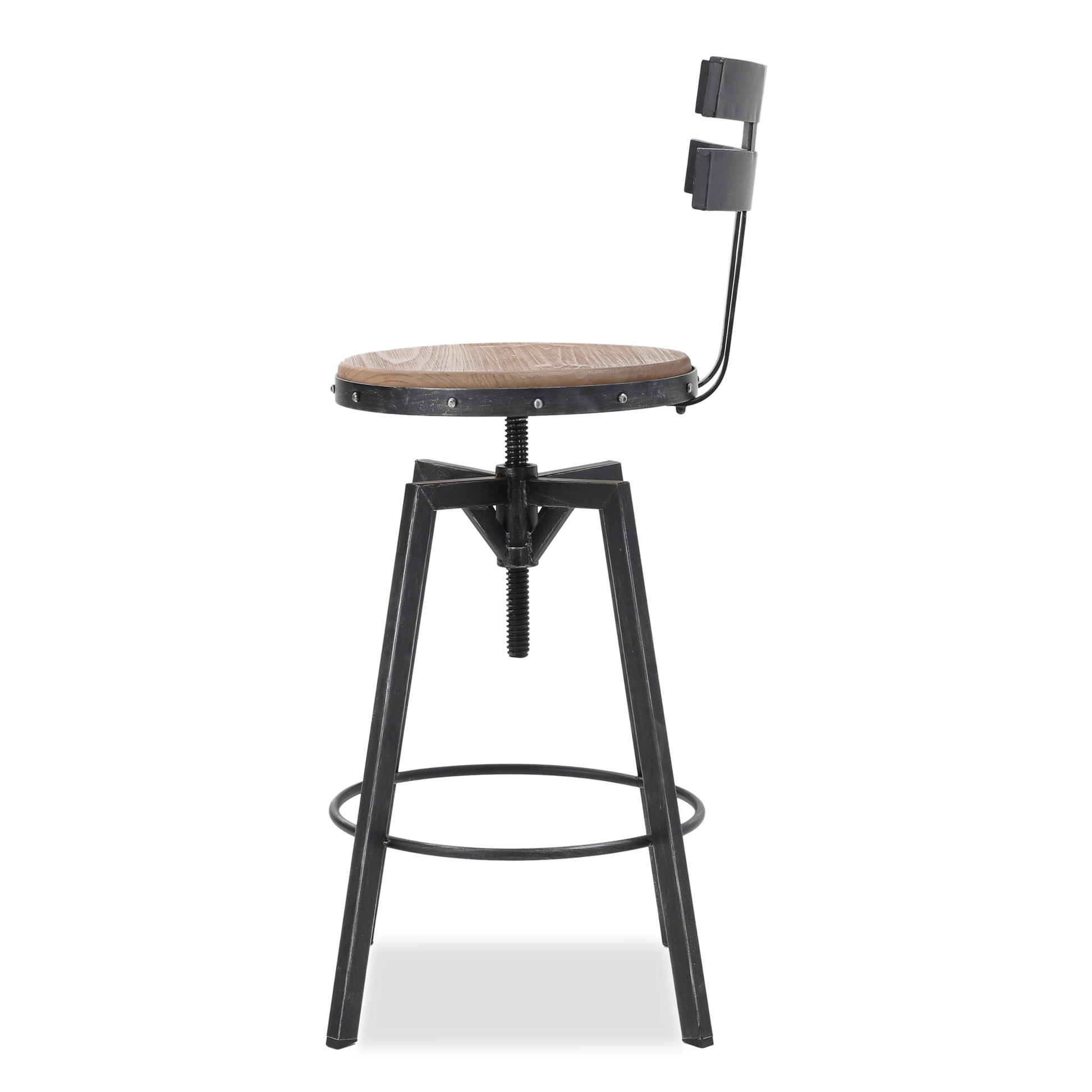 Industrial bar stool with adjustable height and distressed wood seat