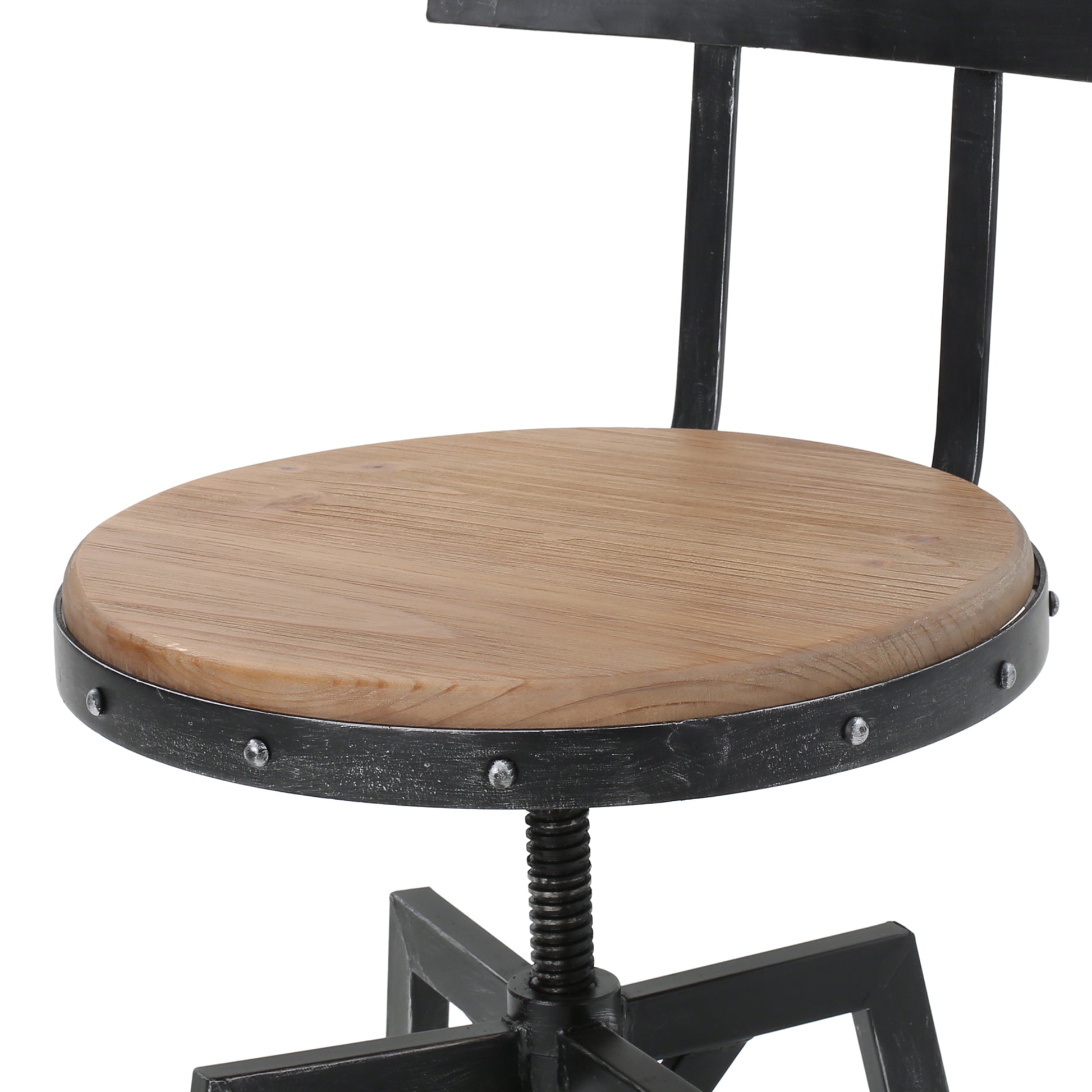 Industrial adjustable stool with natural wood seat and distressed black metal base