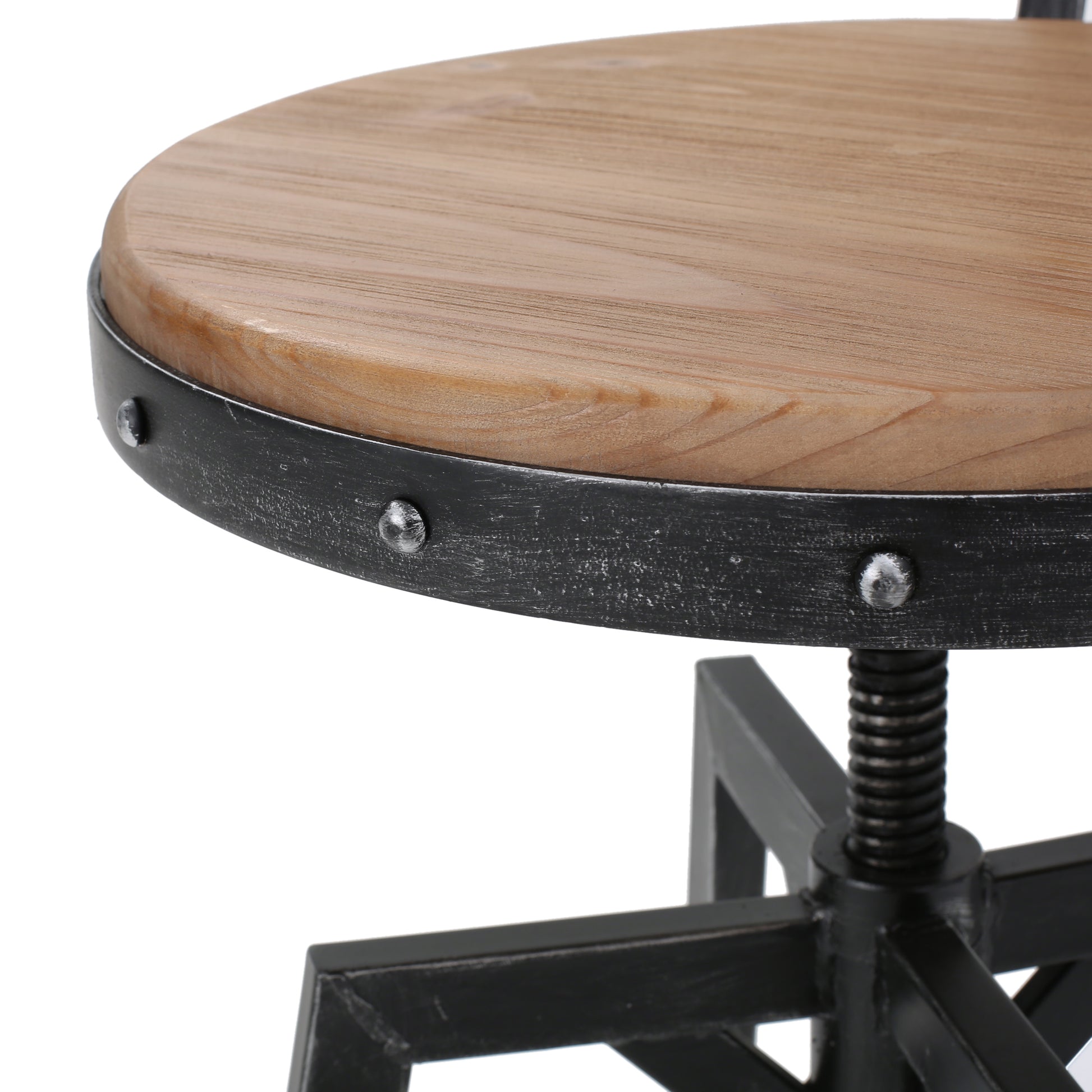 Round wooden top industrial bar stool with adjustable height screw mechanism