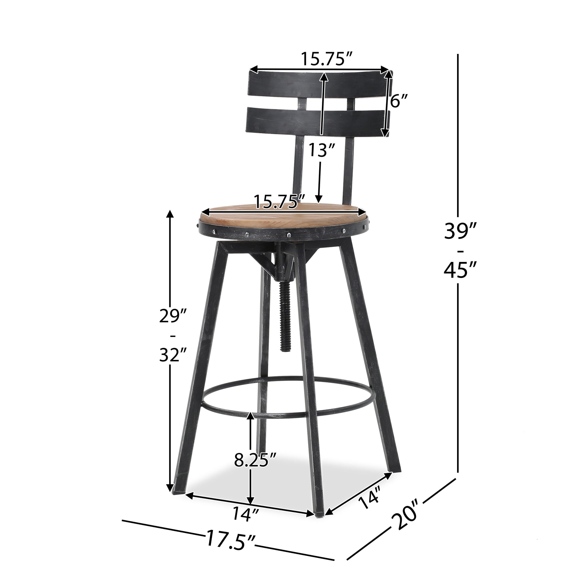 Adjustable height industrial bar stool with distressed black metal frame and natural wood seat