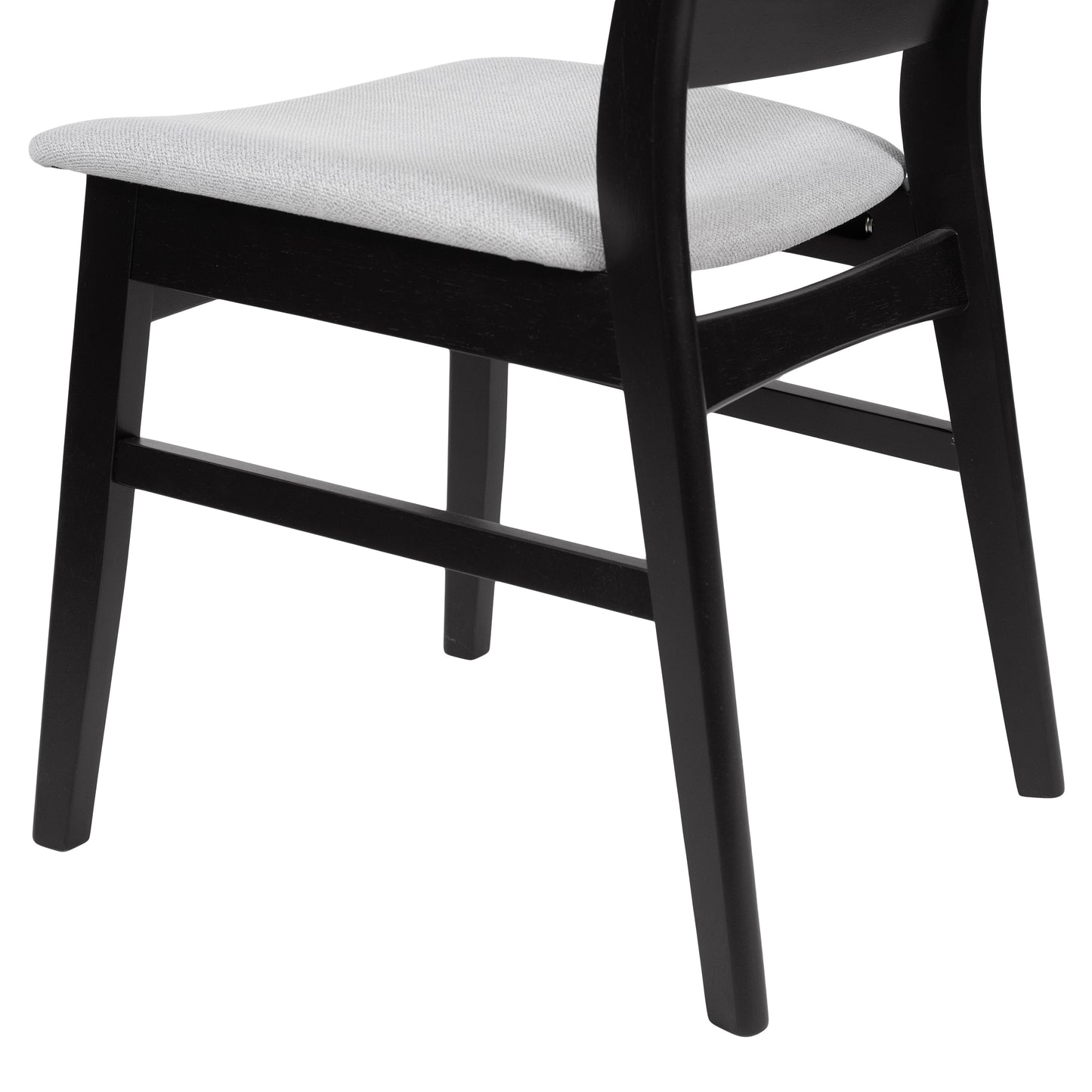 Black wooden dining chair with light gray upholstered seat