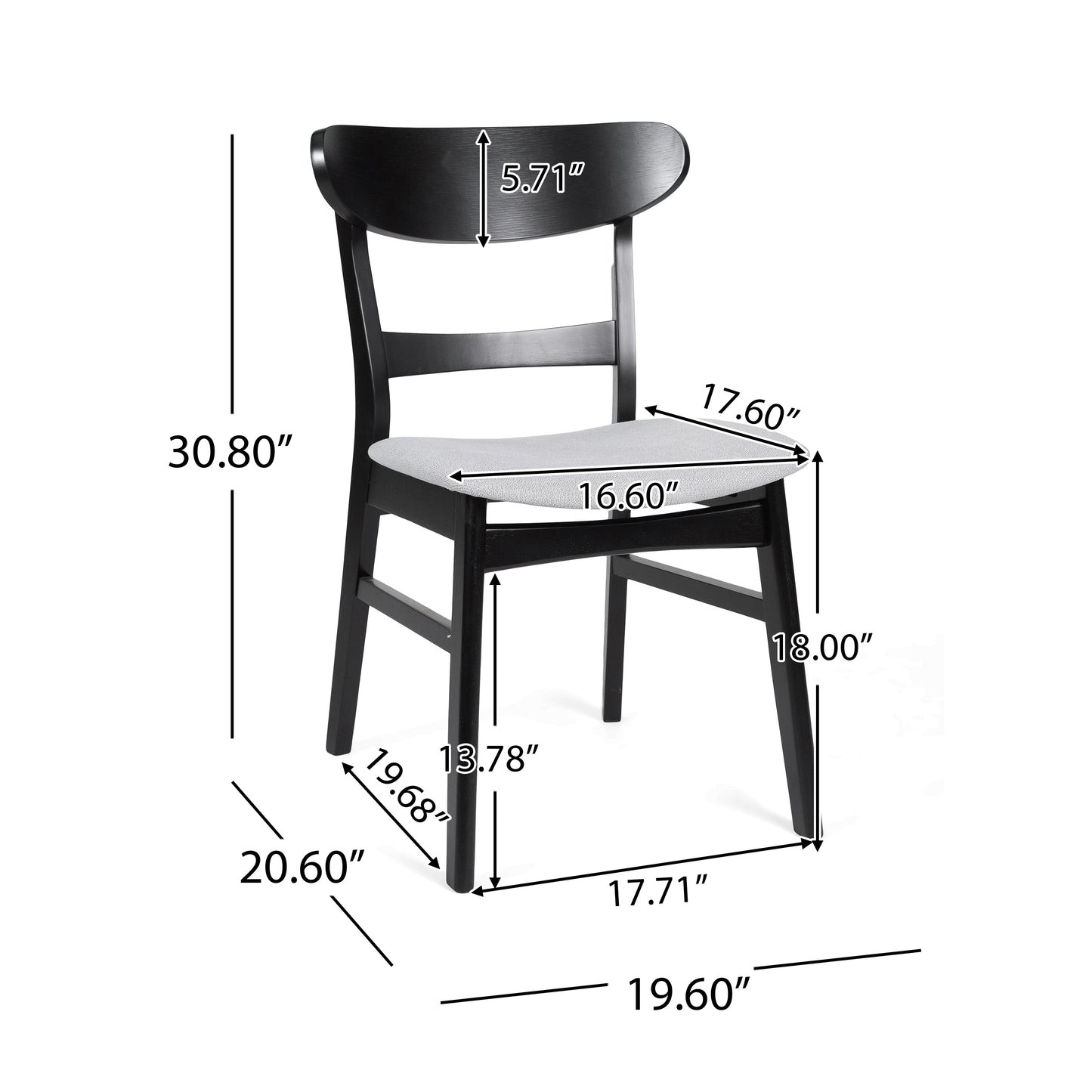 Black wooden dining chair with grey upholstered seat