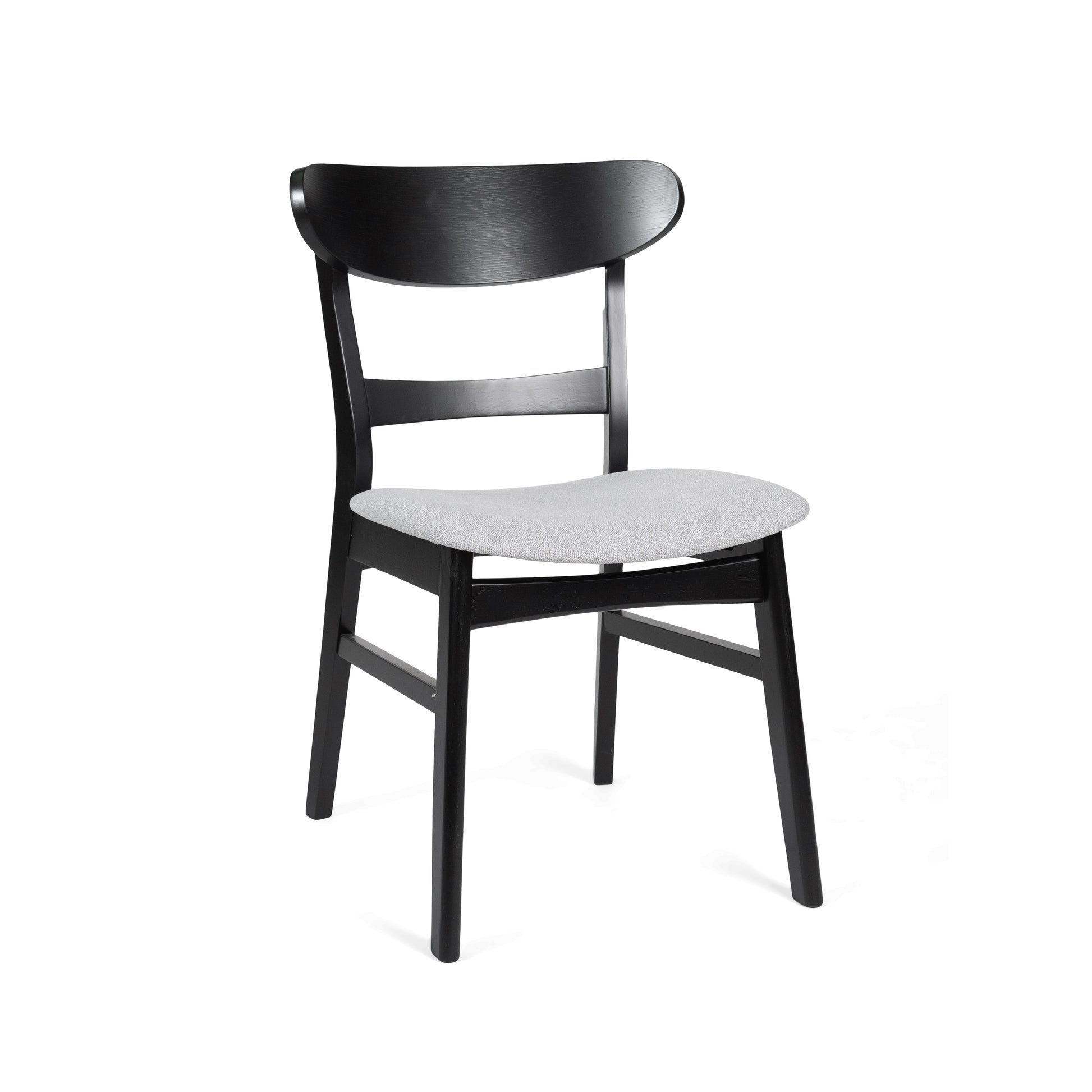 Black wooden dining chair with a light gray upholstered seat