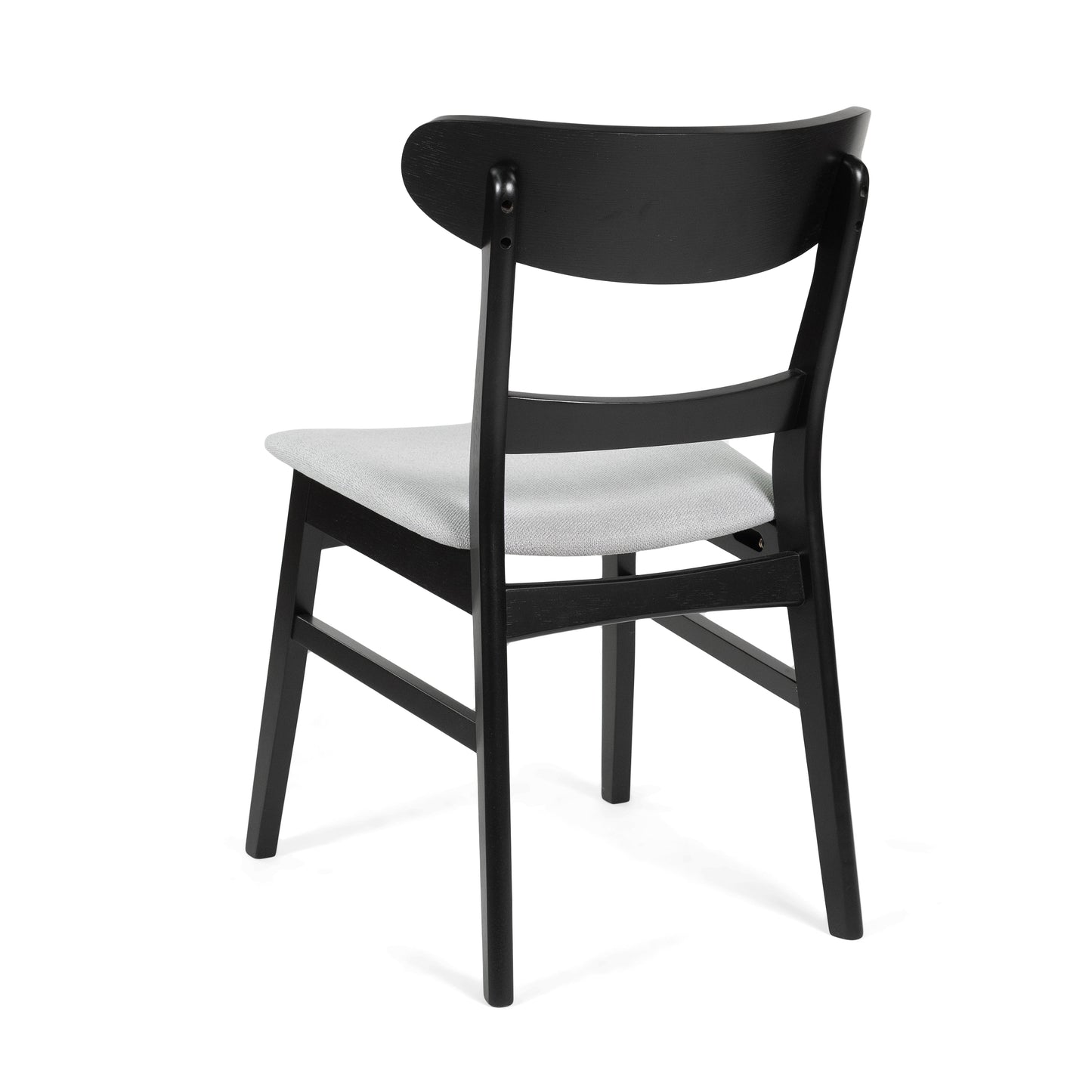 Black wooden dining chair with light grey upholstered seat