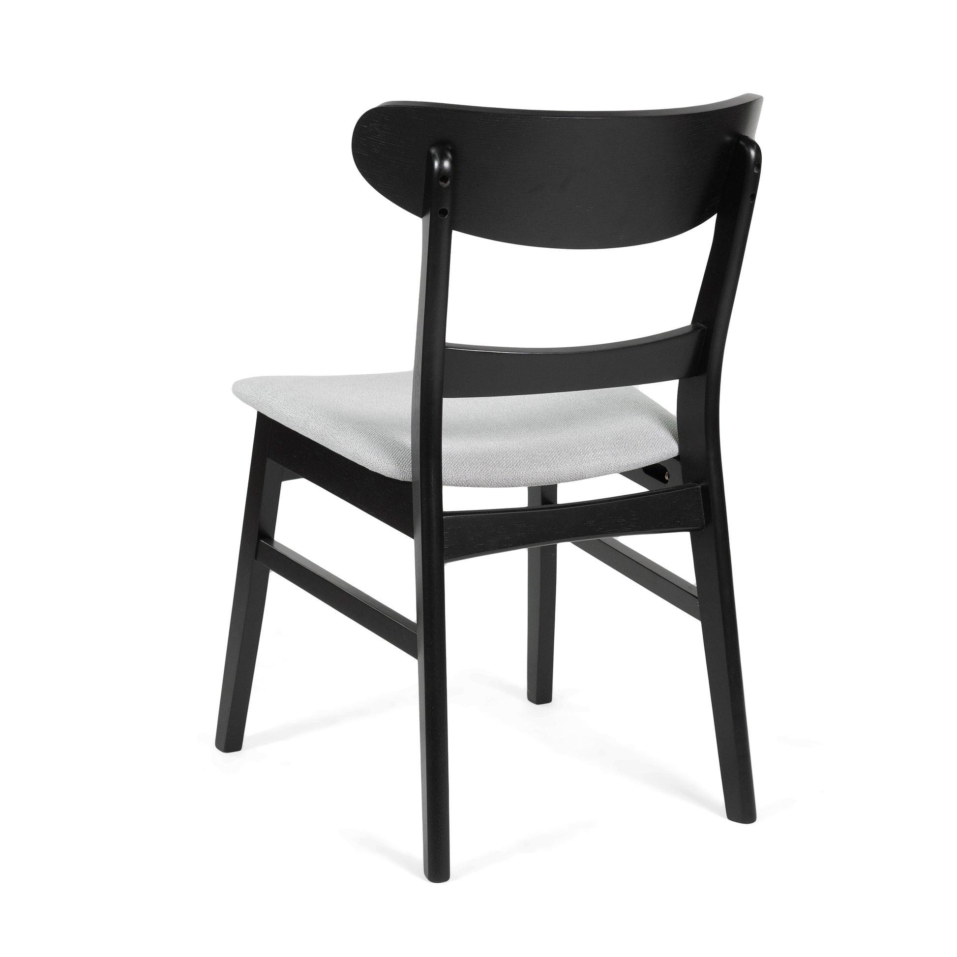 Black wooden dining chair with light grey upholstered seat