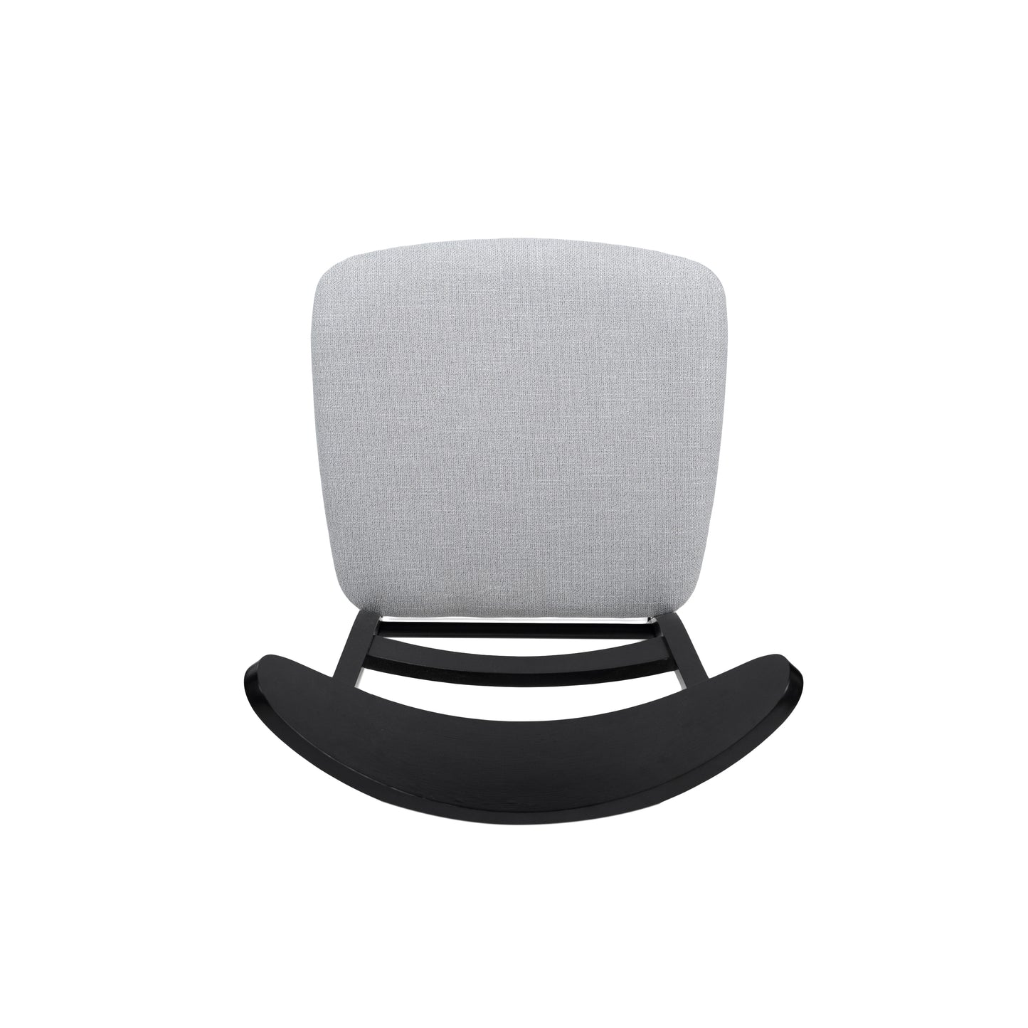 Light gray upholstered modern rocking chair with black wooden runners