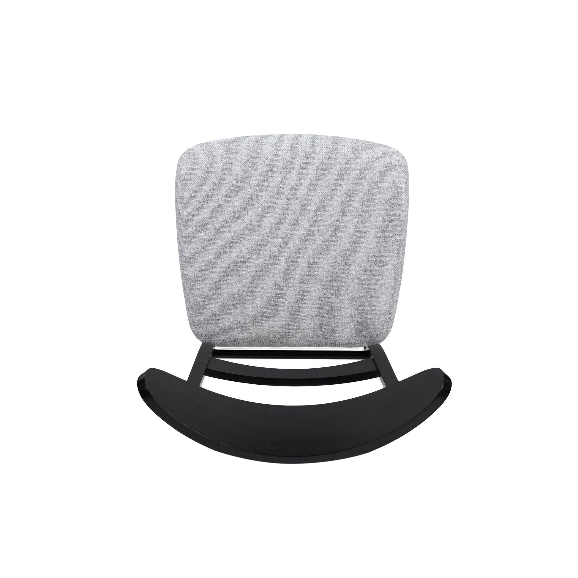 Light gray upholstered modern rocking chair with black wooden runners