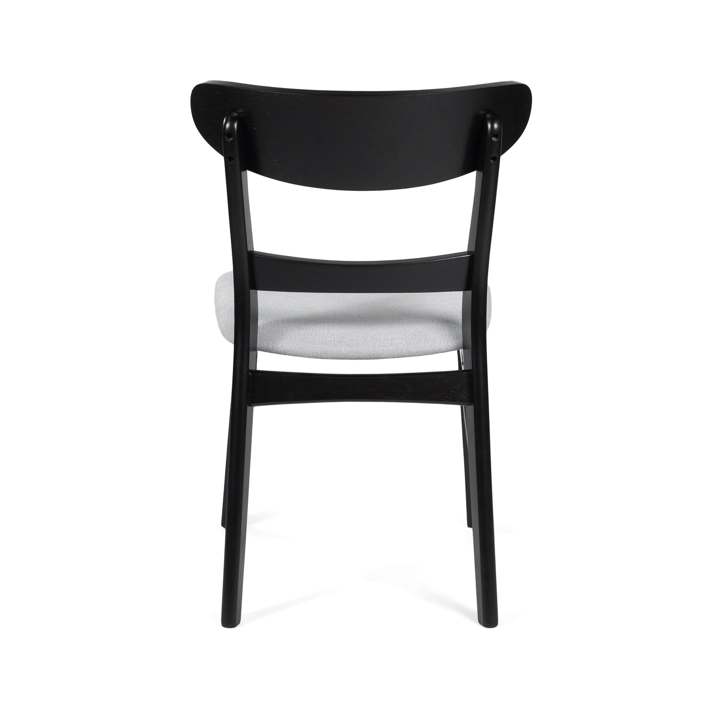 Black wooden dining chair with light gray upholstered seat