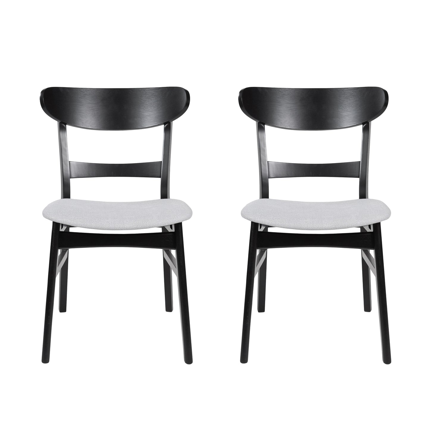 Pair of black wooden dining chairs with light gray upholstered seats