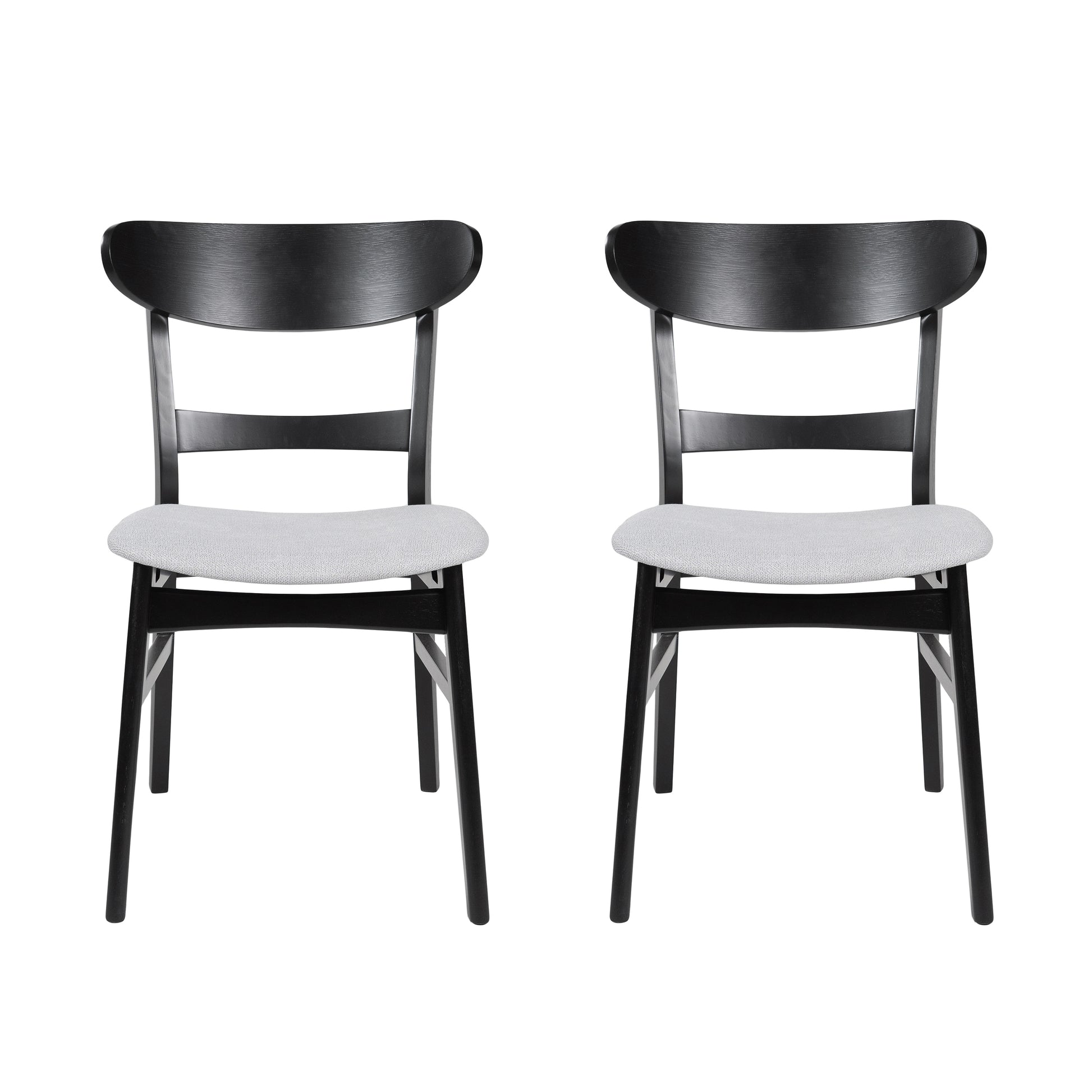 Pair of black wooden dining chairs with light gray upholstered seats