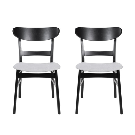 Pair of black wooden dining chairs with light gray upholstered seats