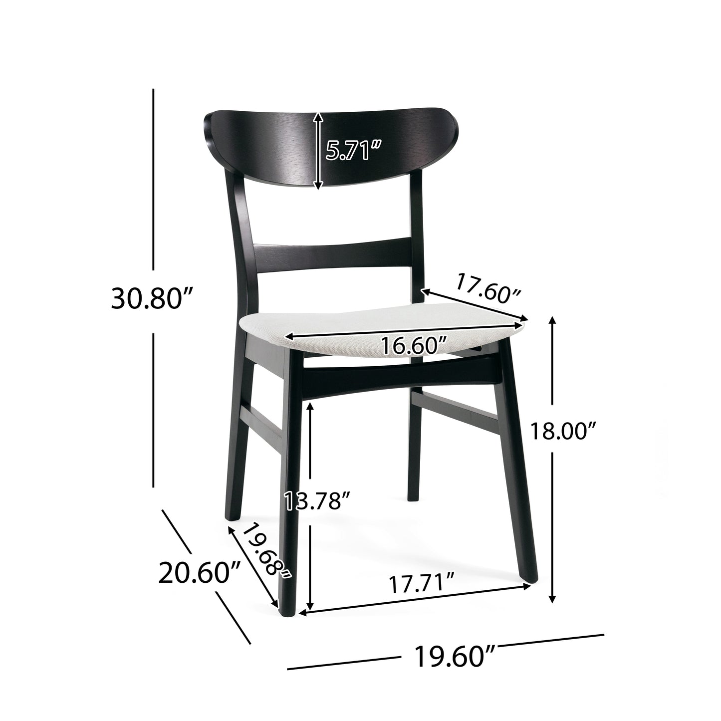 Black wooden dining chair with curved back and light grey upholstered seat