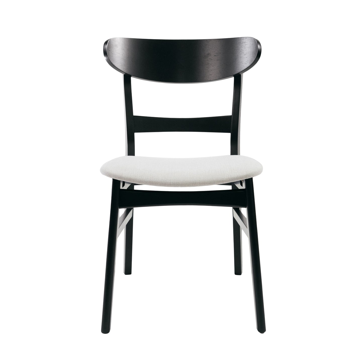 Black wooden dining chair with upholstered light grey seat