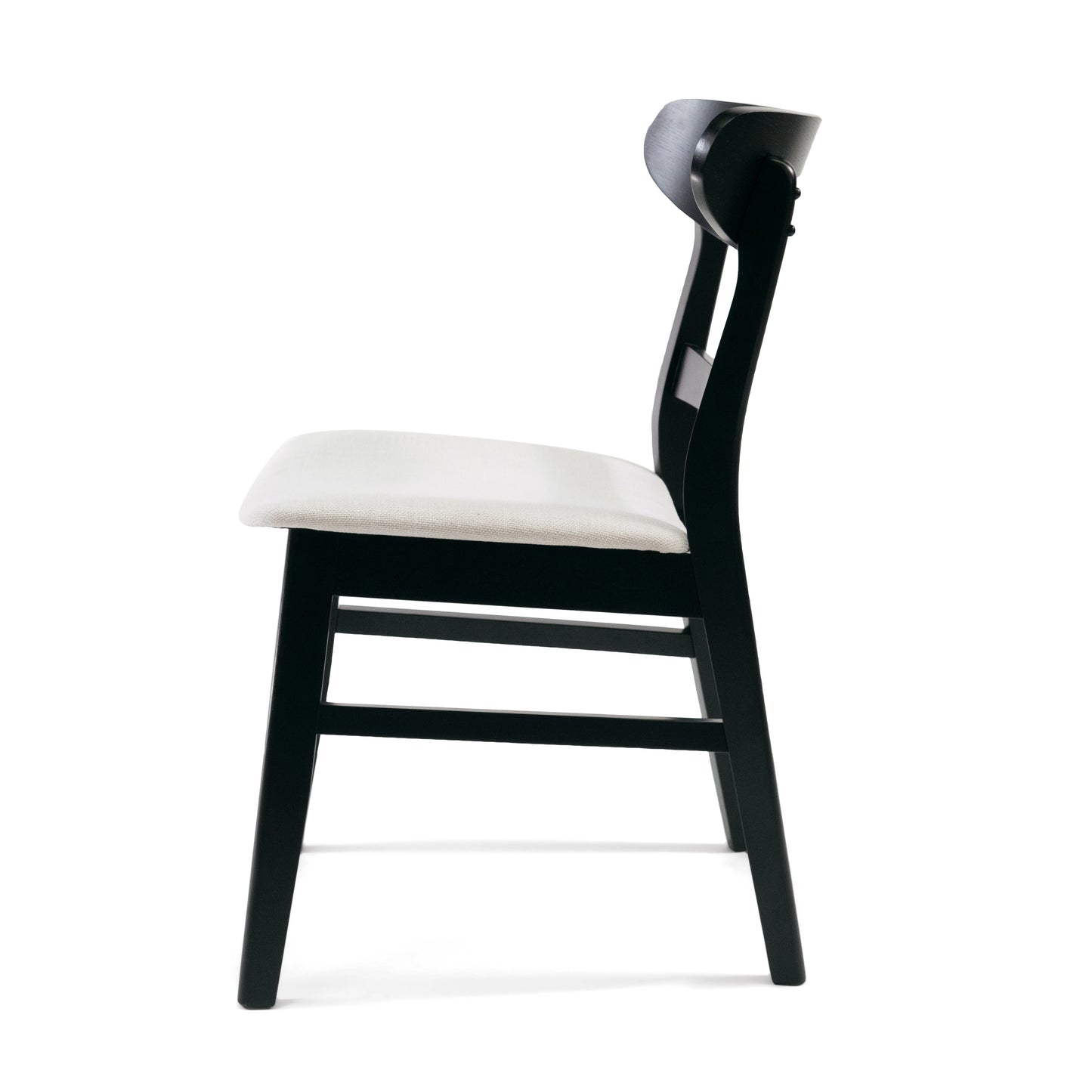 Black wooden dining chair with white upholstered seat