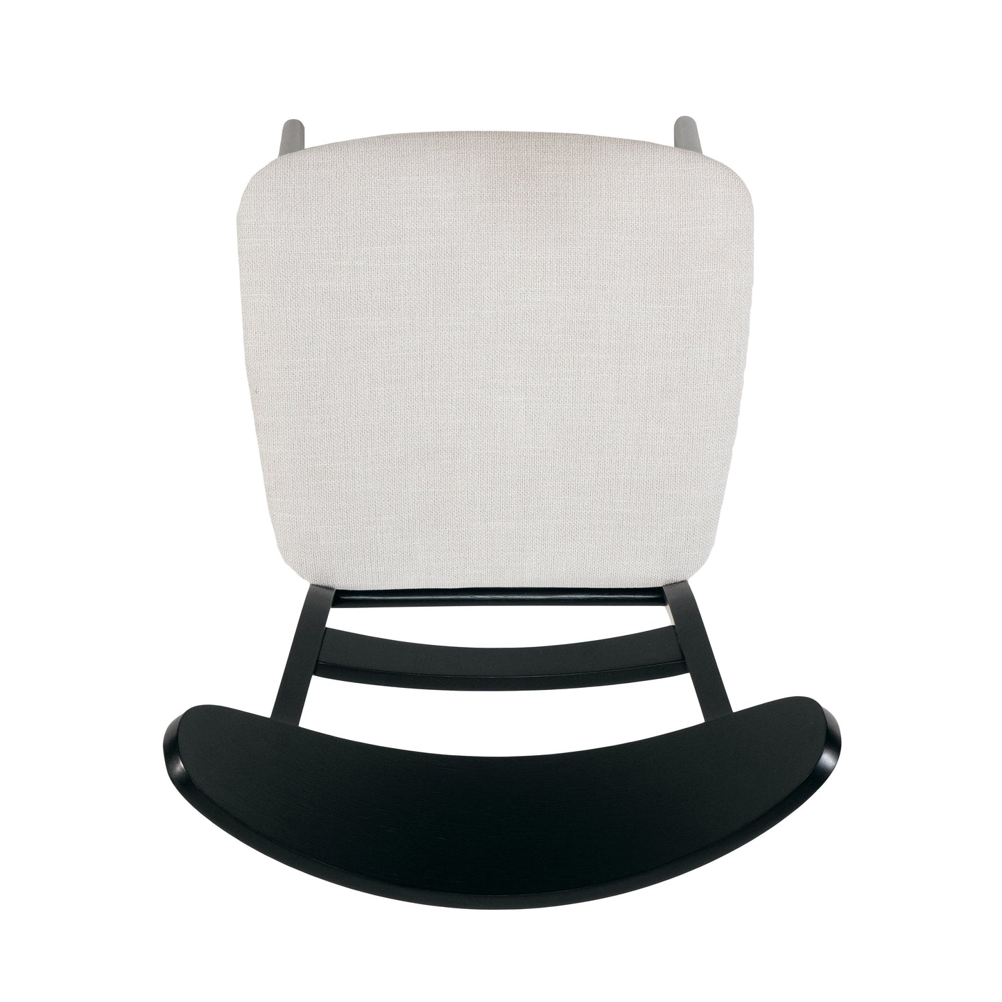 Modern rocking chair with a light grey fabric seat and black wood frame