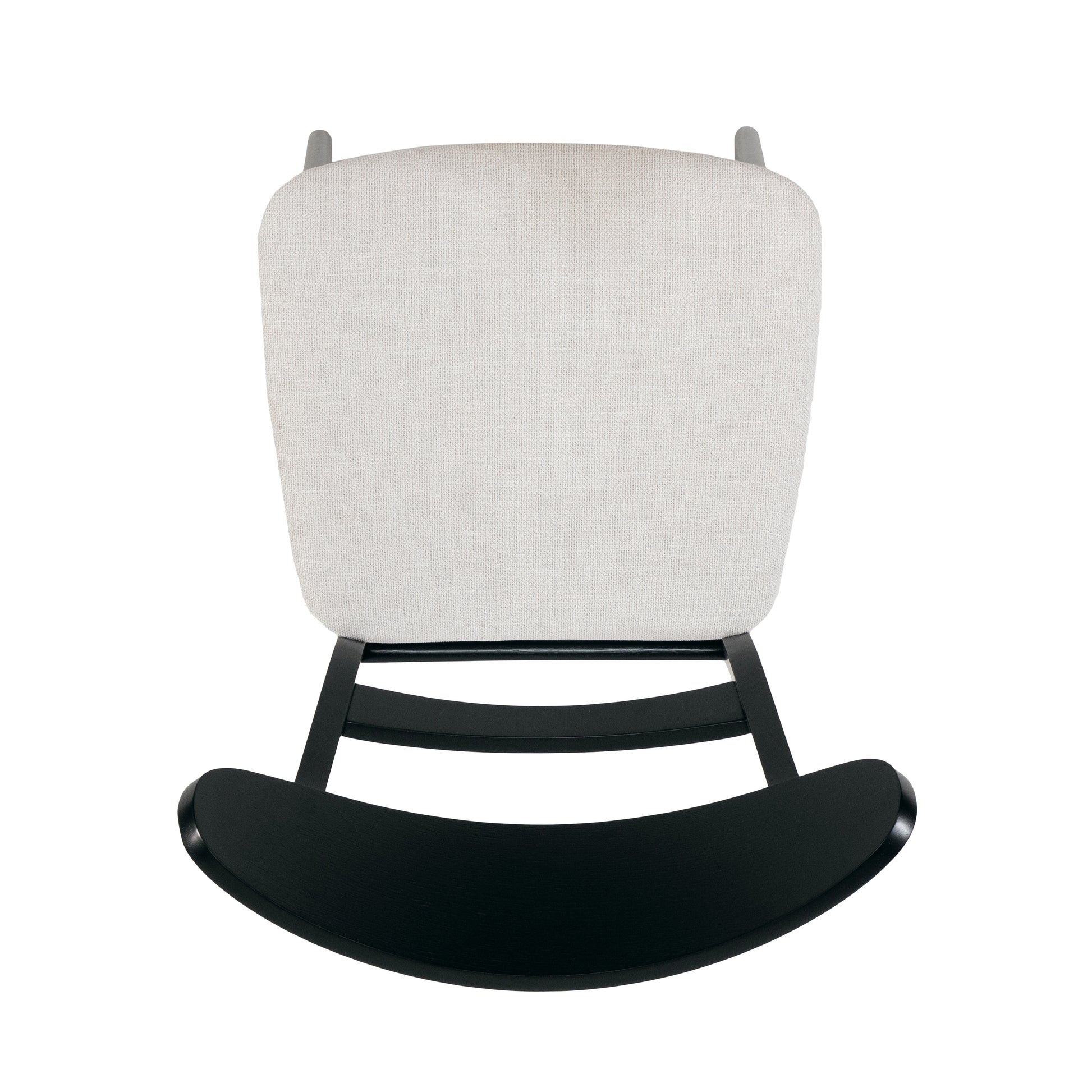 Modern rocking chair with a light grey fabric seat and black wood frame