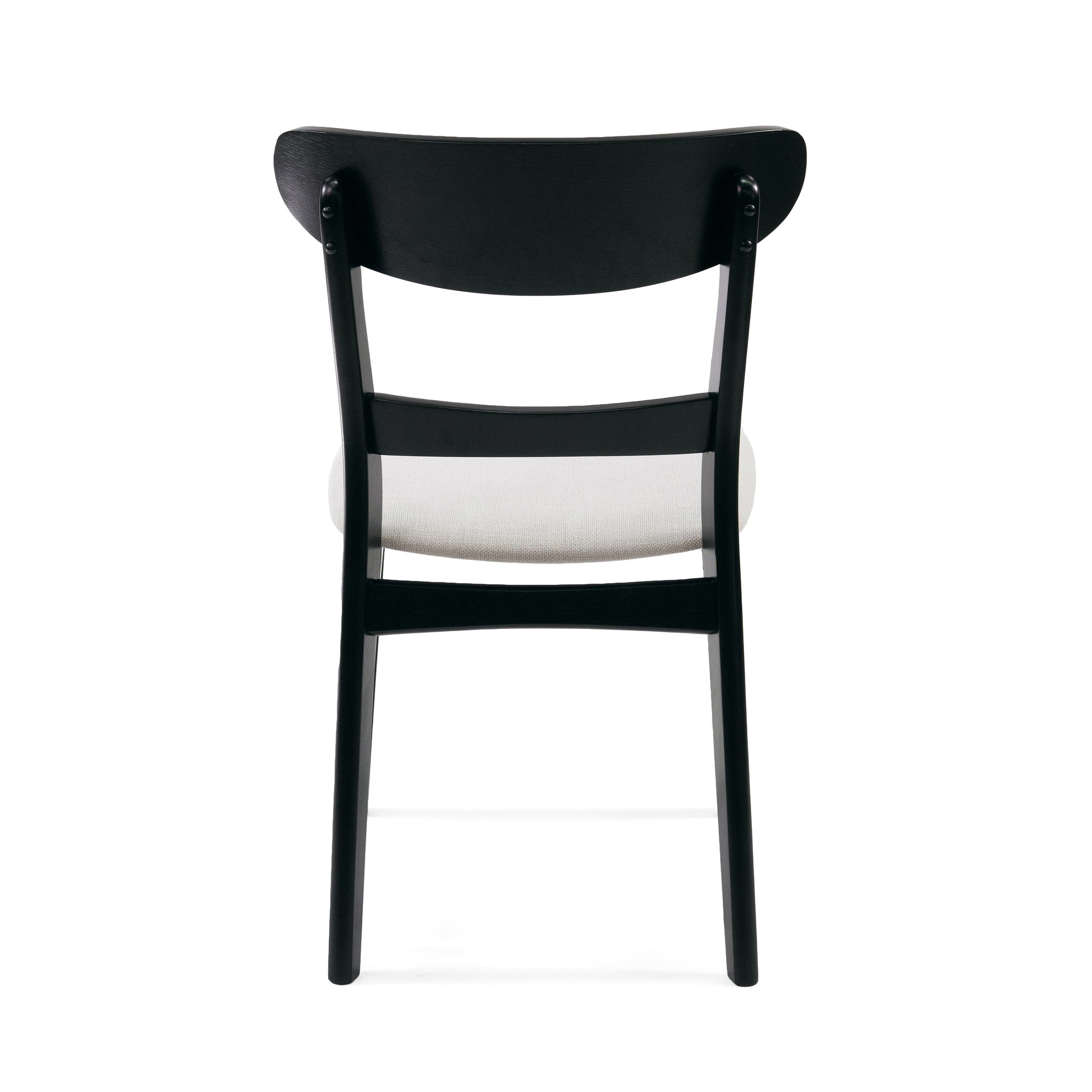 Back view of modern black wood dining chair with woven seat