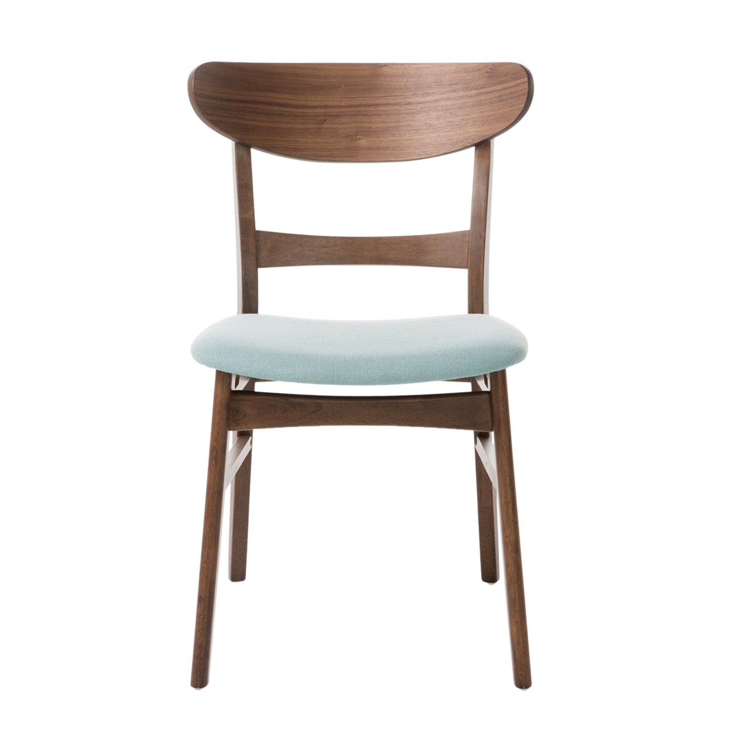Midcentury modern wooden dining chair with light blue upholstered seat