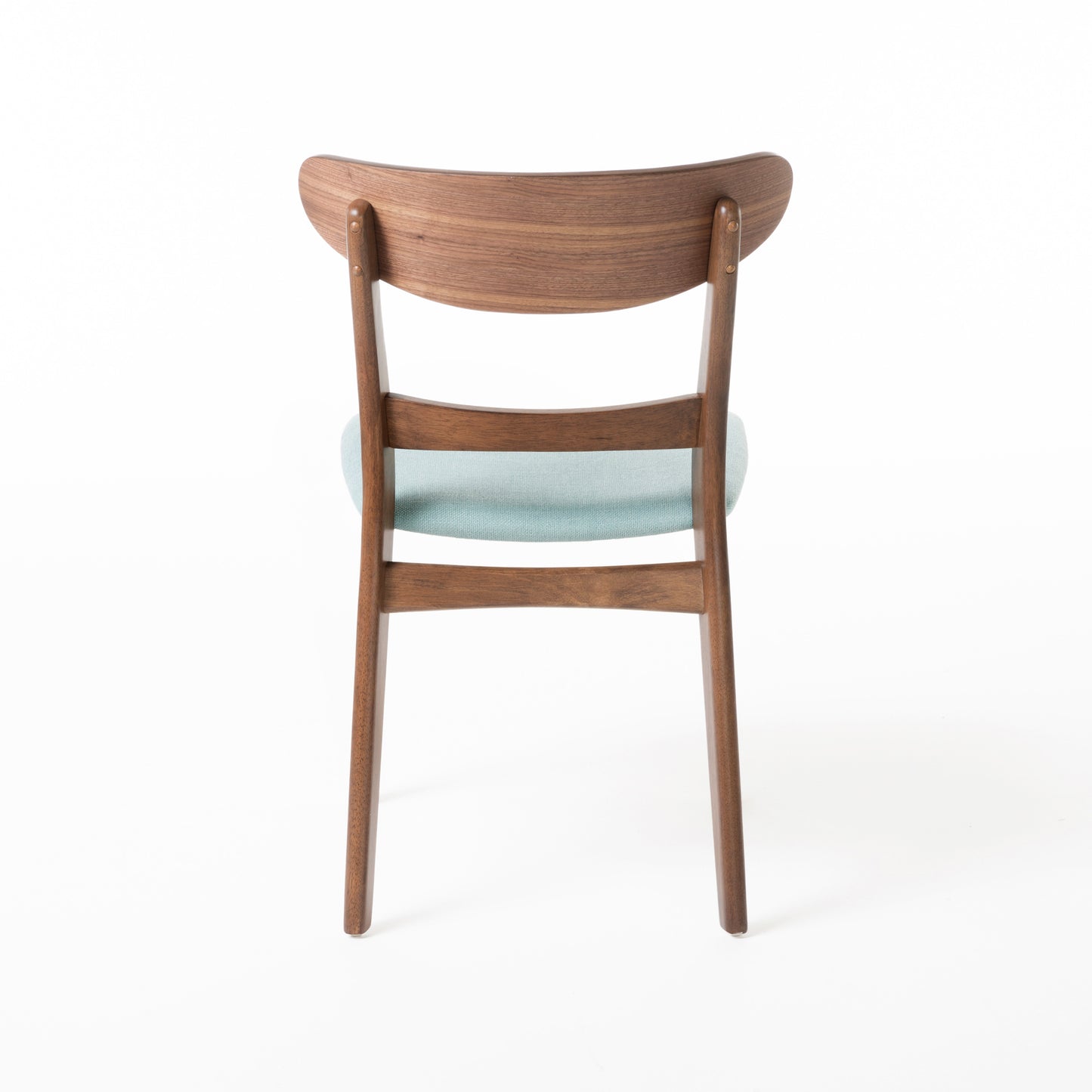Walnut dining chair with light blue fabric seat and curved back