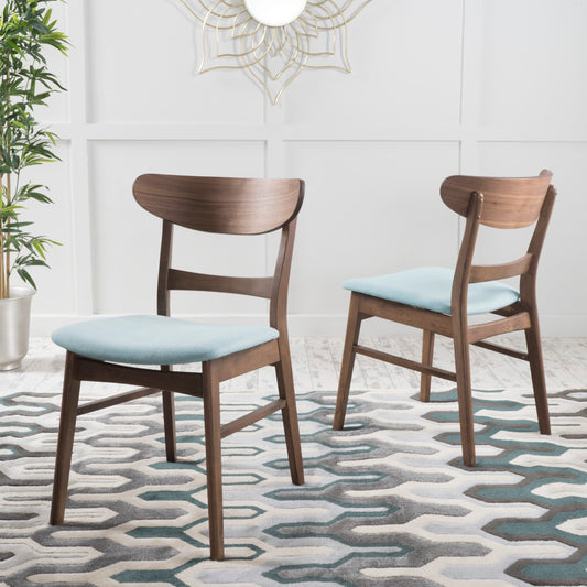 Midcentury modern walnut dining chair with light blue upholstered seat