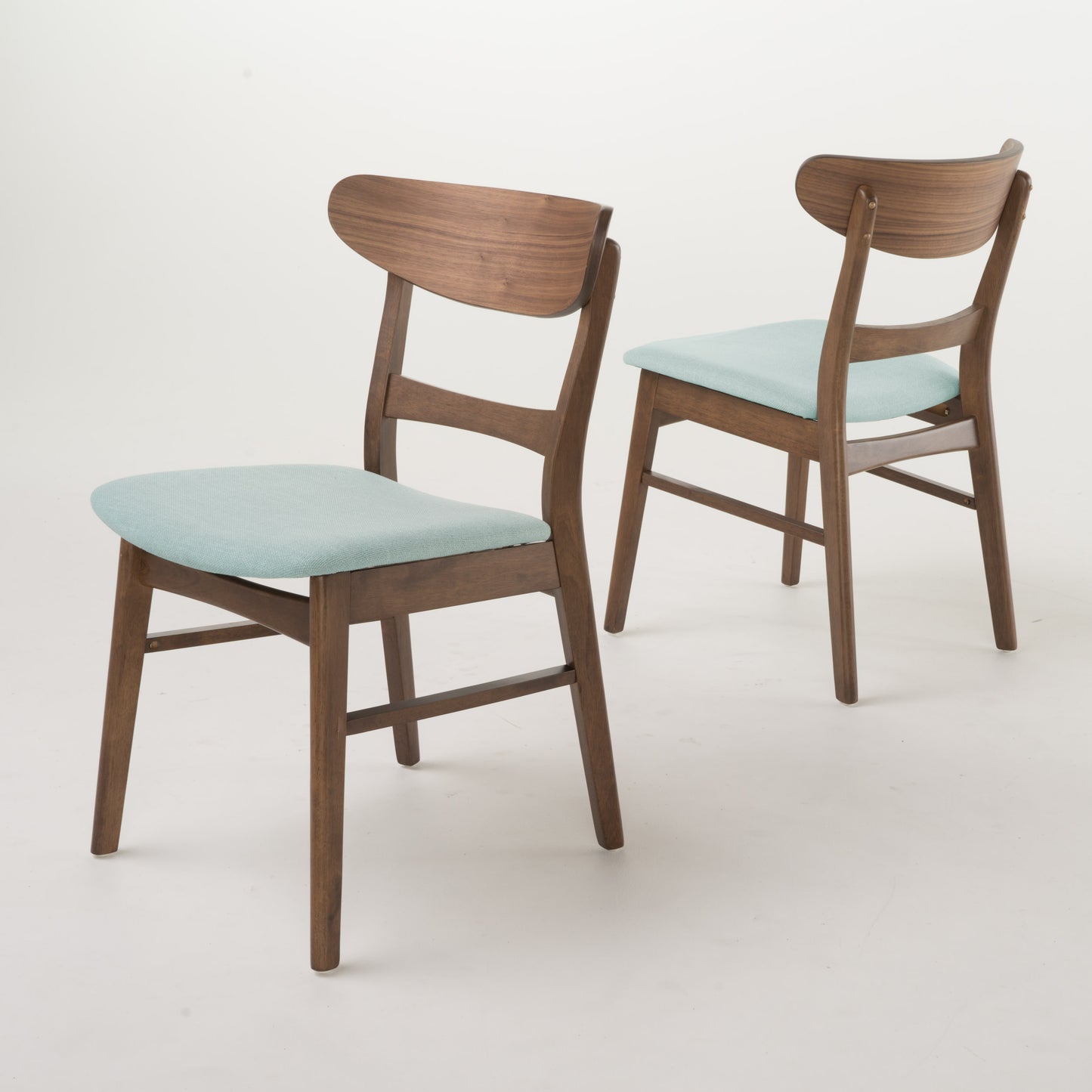 Teal upholstered midcentury modern dining chair with walnut wood frame