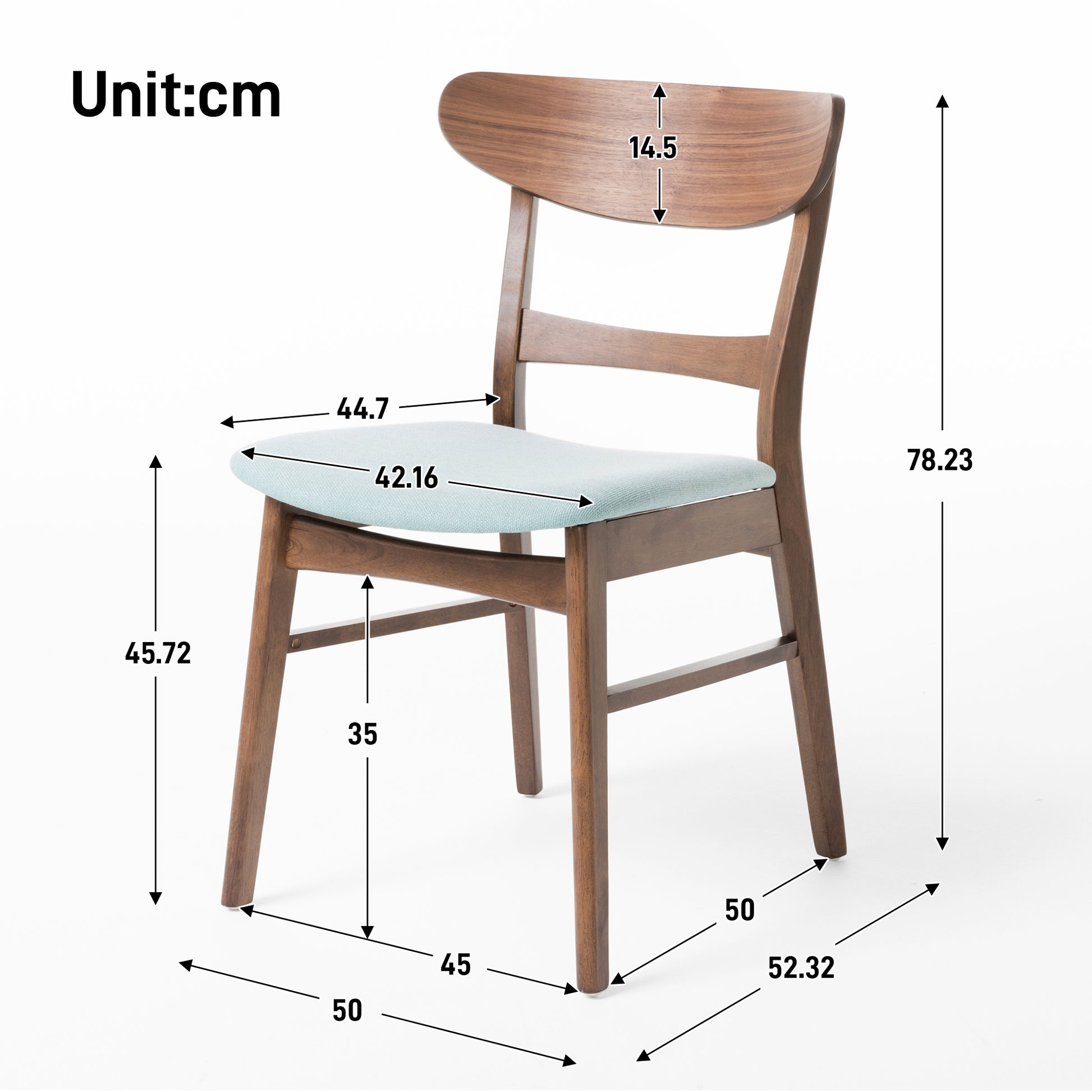 Wooden dining chair with light blue upholstered seat