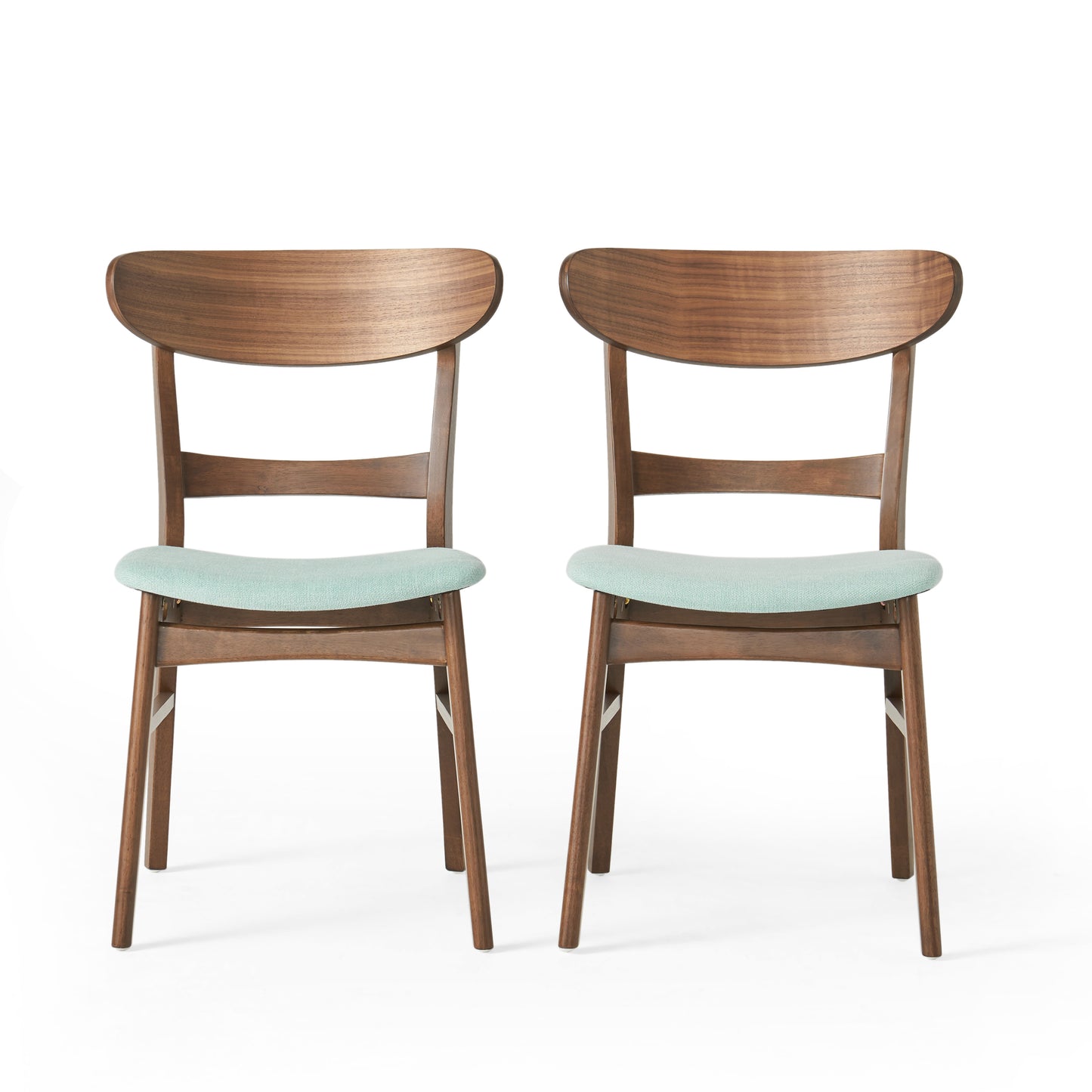 Two midcentury modern walnut dining chairs with light blue upholstered seats