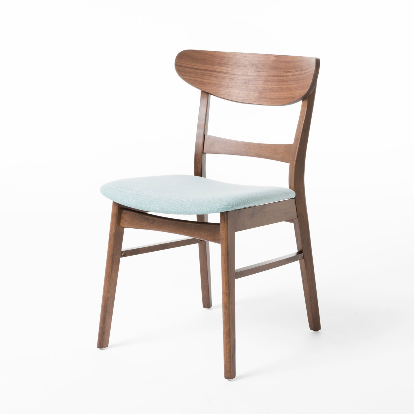 Midcentury modern walnut dining chair with light blue upholstered seat