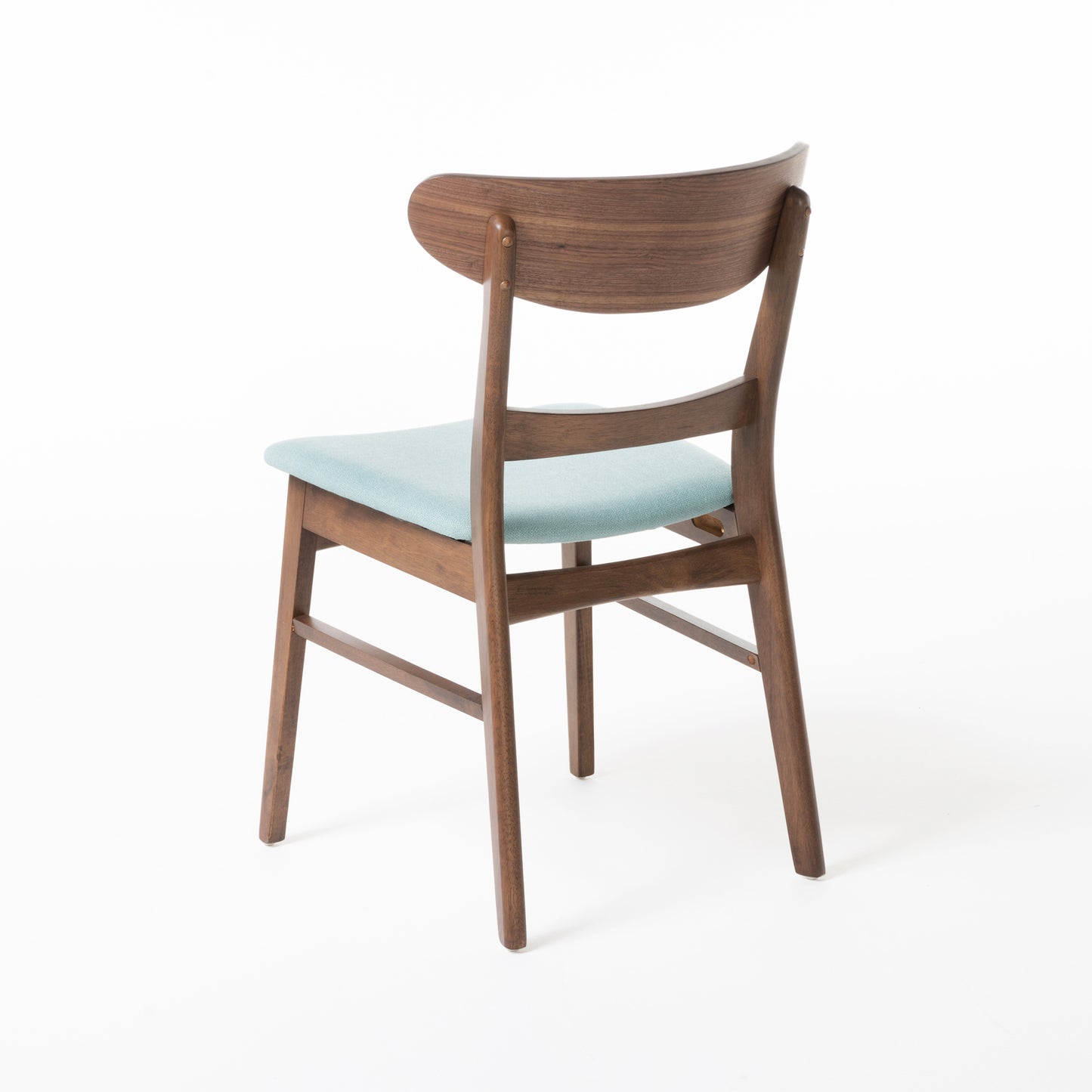 Walnut wood dining chair with light blue upholstered seat
