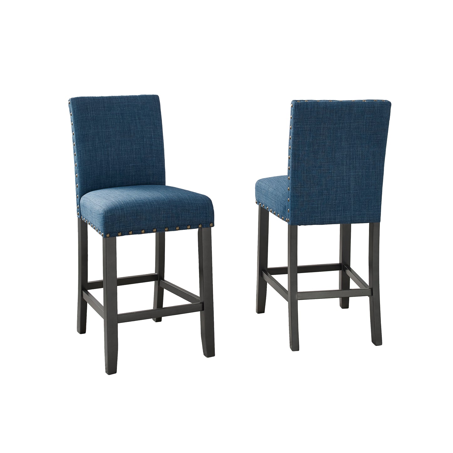 Navy blue upholstered counter stool with silver nailhead trim and dark wood legs