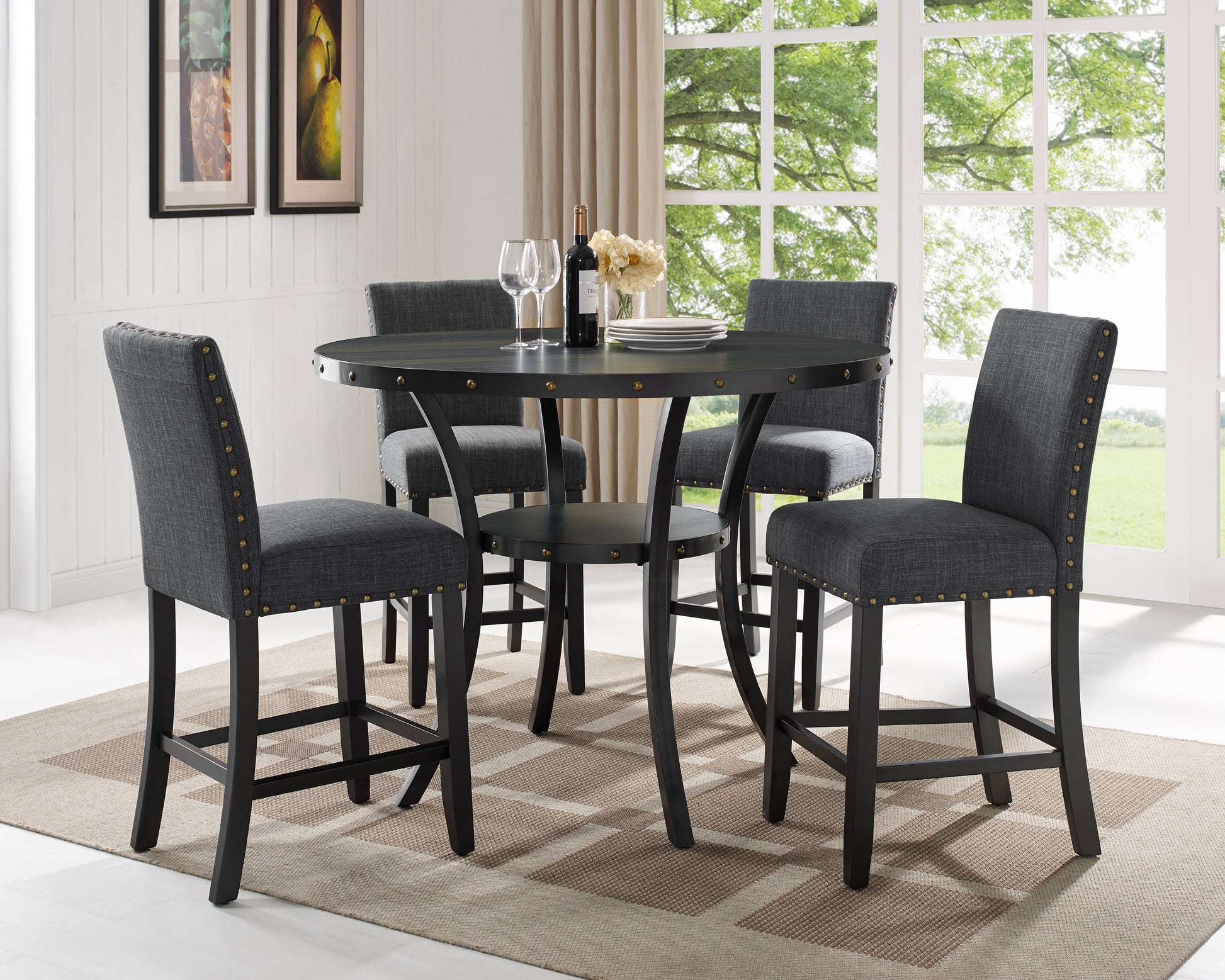 Round oak dining table with upholstered bar stools