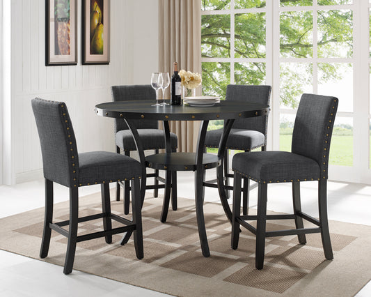 Round oak dining table with upholstered bar stools