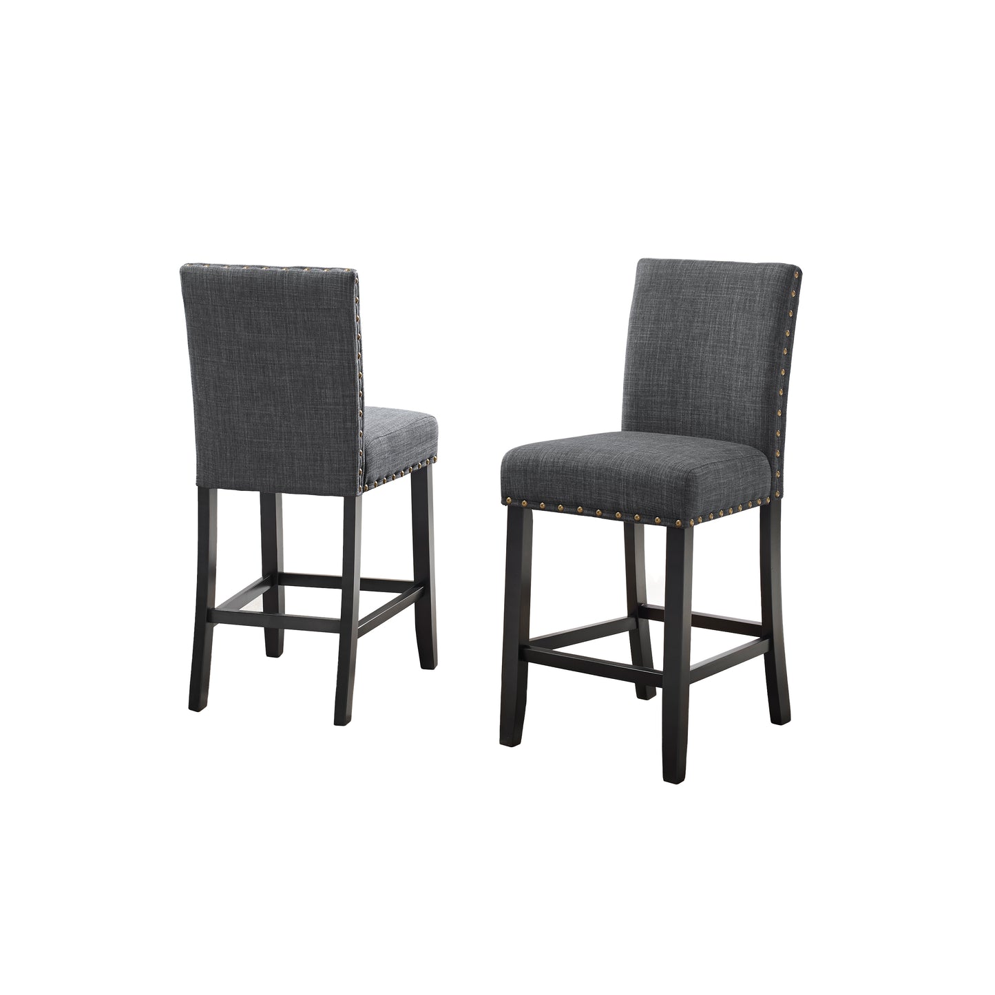 Dark grey upholstered bar stool with brass nailhead trim