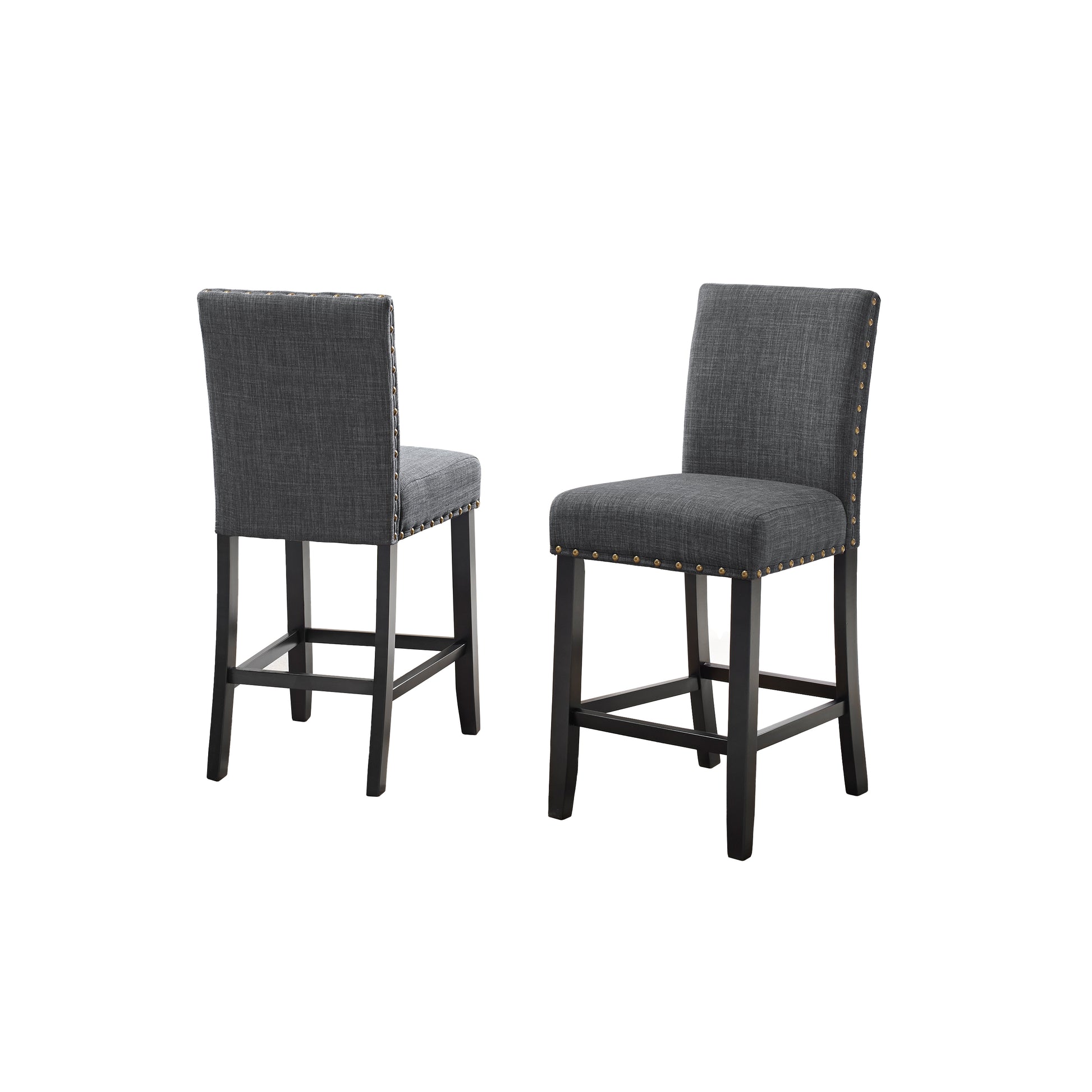 Dark grey upholstered bar stool with brass nailhead trim